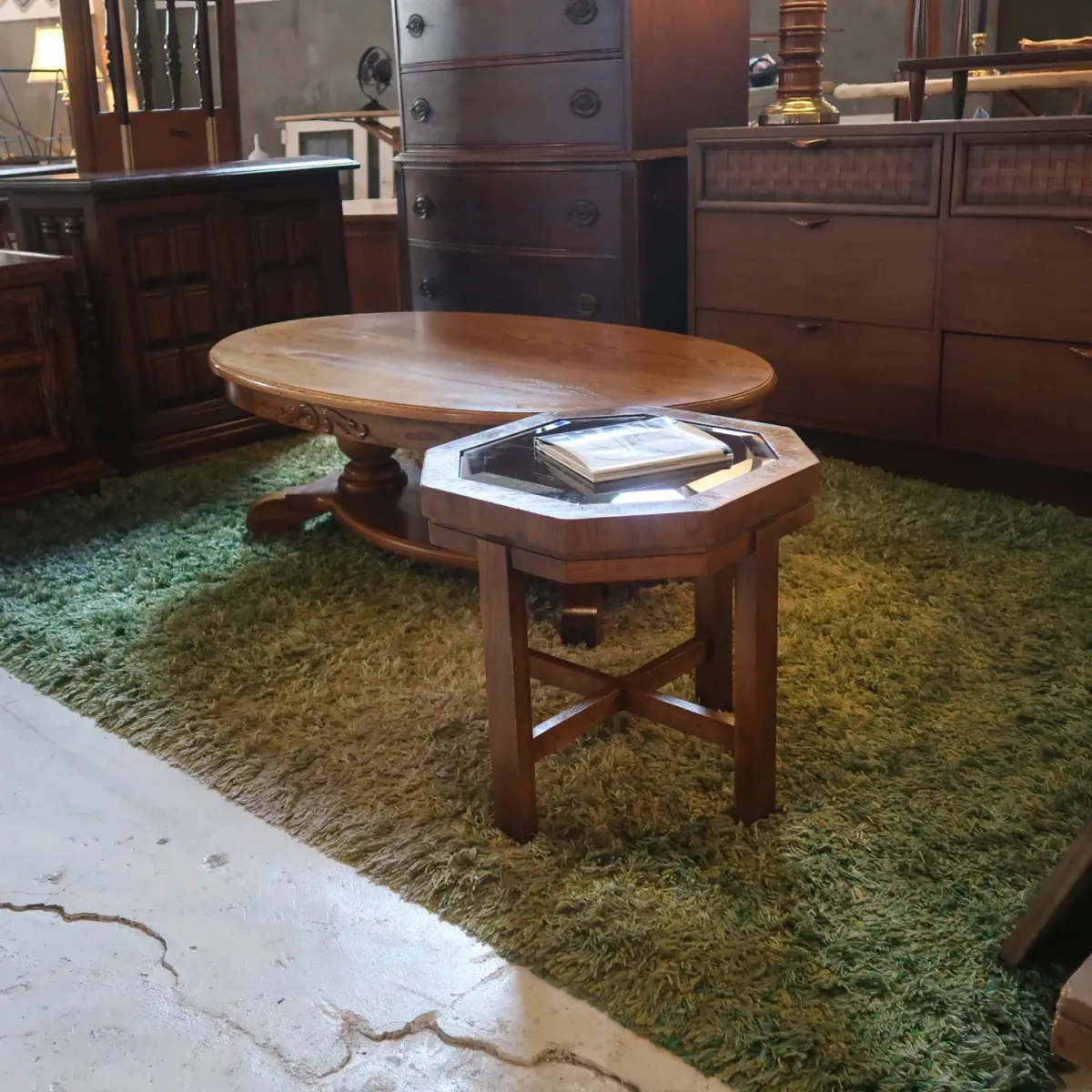 アンティーク ガラストップ サイドテーブル 八角形