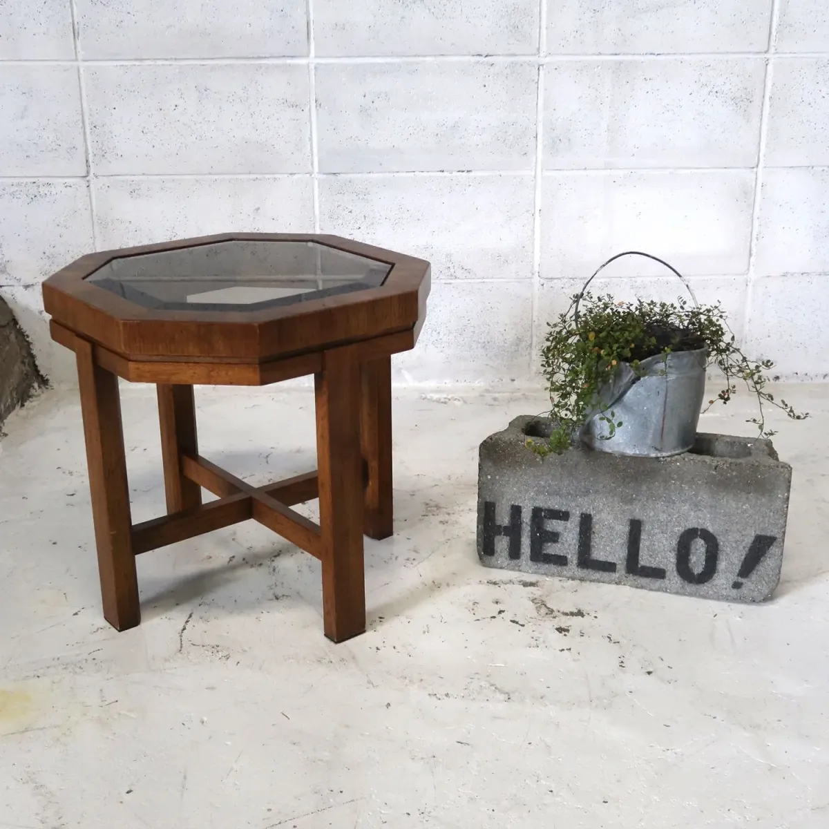 アンティーク ガラストップ サイドテーブル 八角形