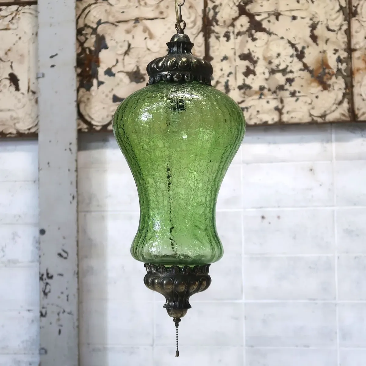 アンティーク クラックガラスランプ グリーン