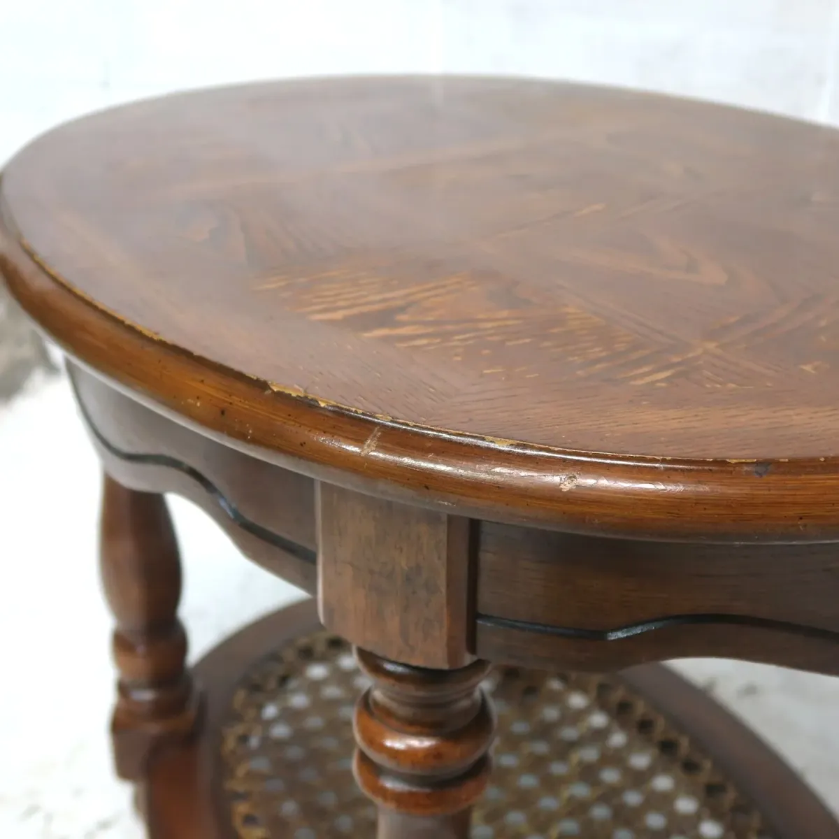 アンティーク ウッド×ラタン サイドテーブル