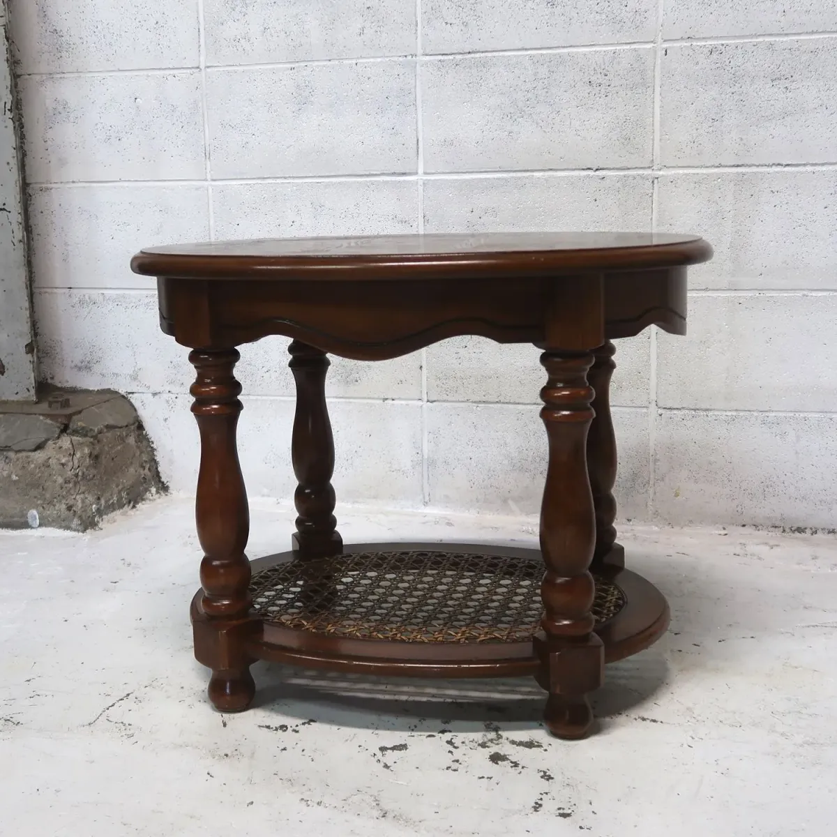 アンティーク ウッド×ラタン サイドテーブル