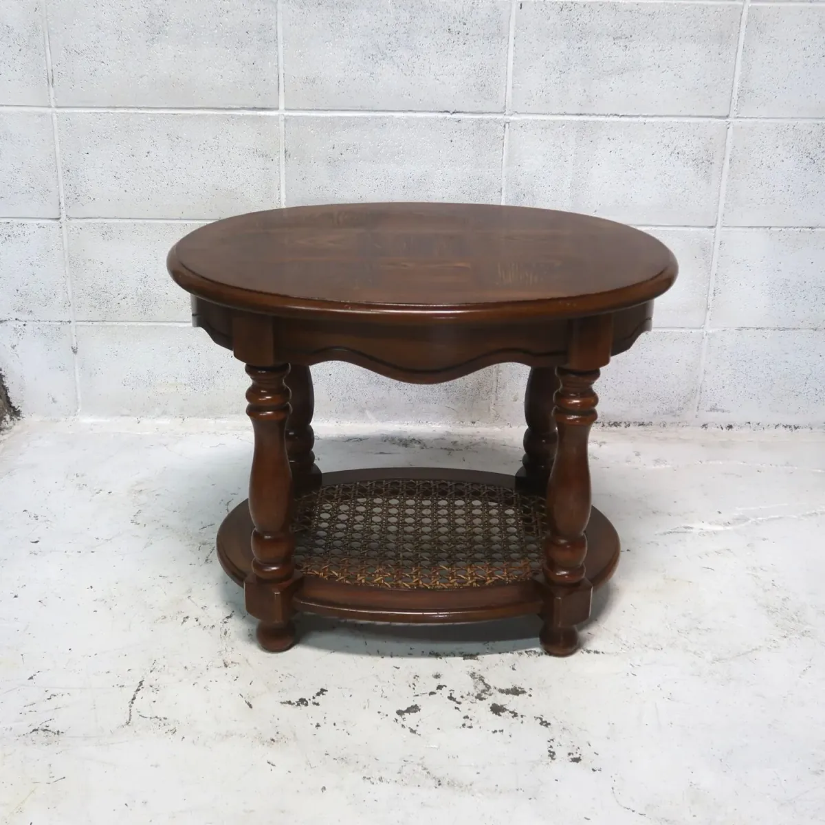 アンティーク ウッド×ラタン サイドテーブル