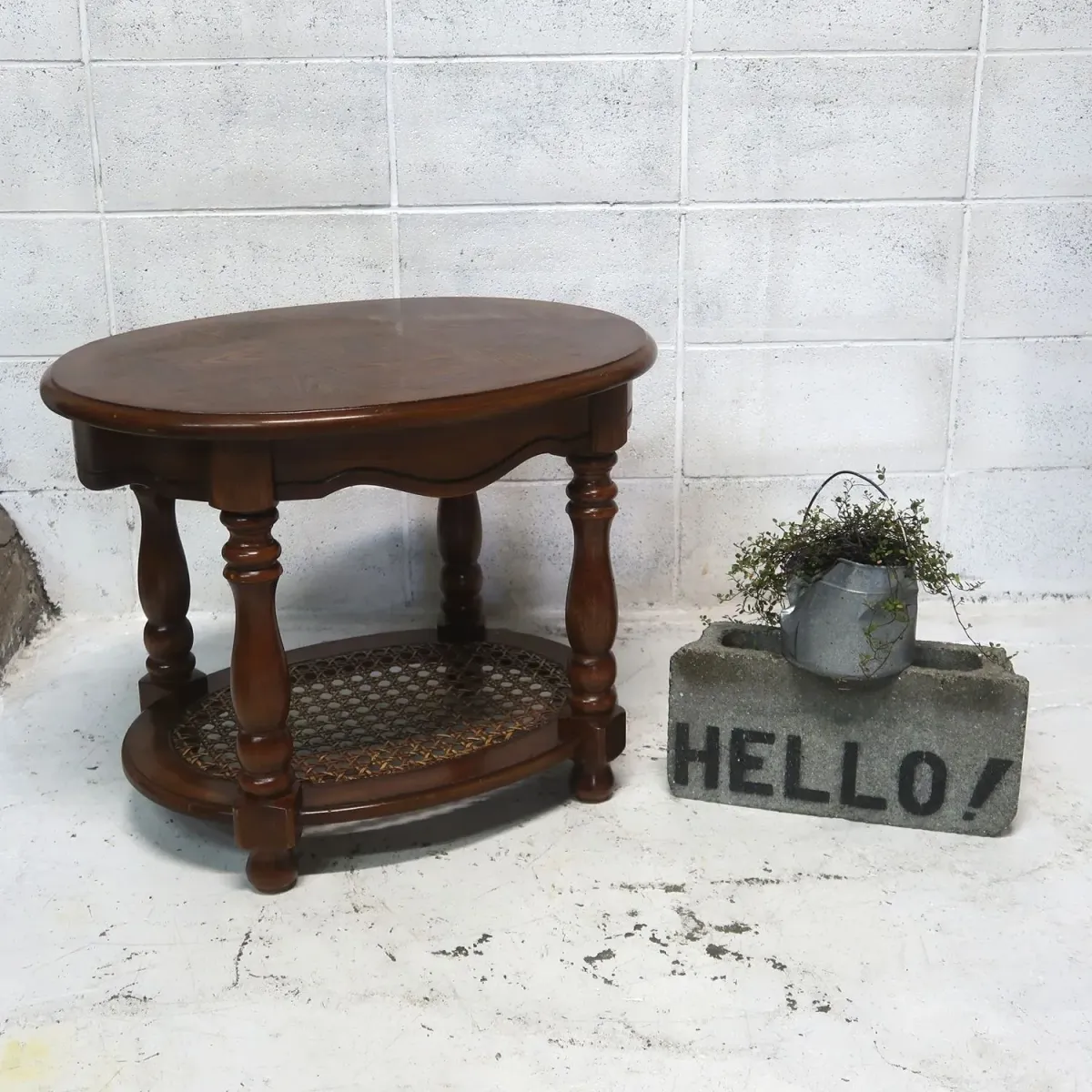 アンティーク ウッド×ラタン サイドテーブル