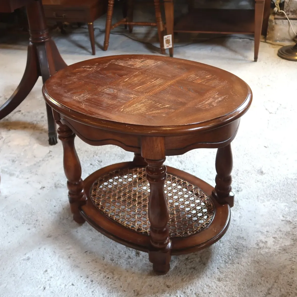 アンティーク ウッド×ラタン サイドテーブル