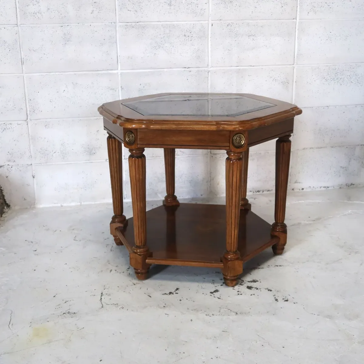 アンティーク ガラストップ サイドテーブル 六角形