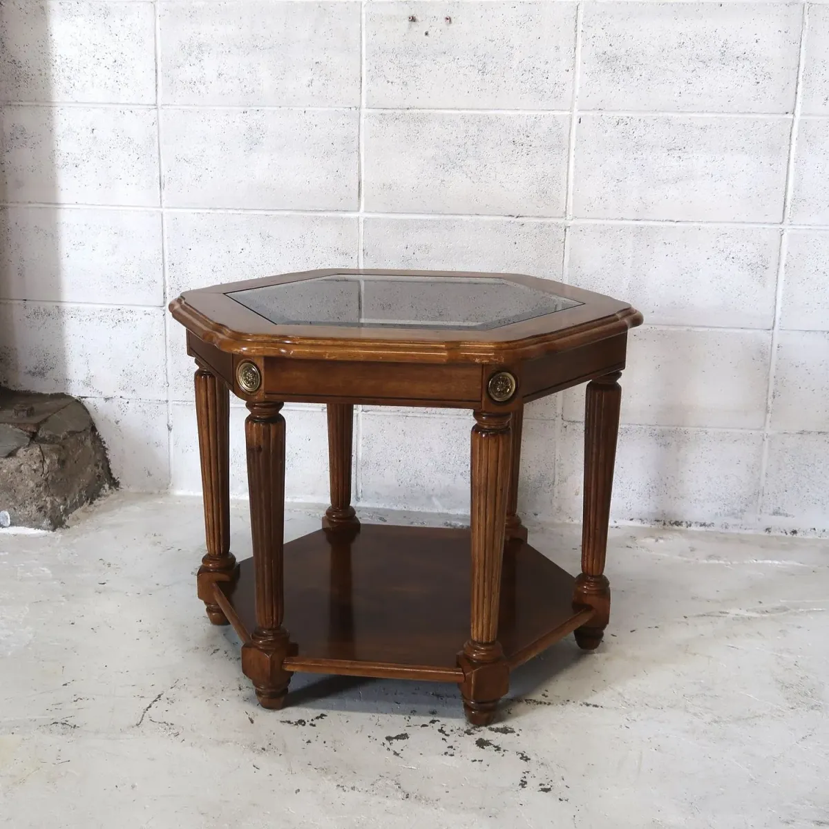 アンティーク ガラストップ サイドテーブル 六角形