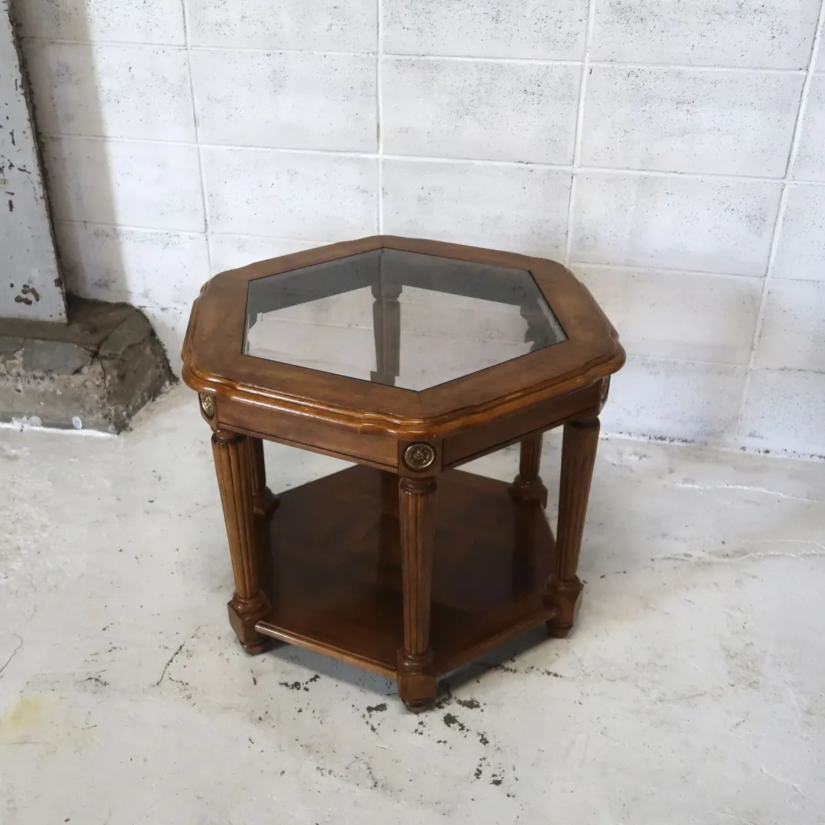 アンティーク ガラストップ サイドテーブル 六角形
