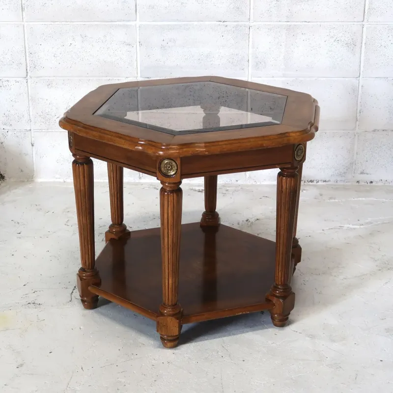 アンティーク ガラストップ サイドテーブル 六角形