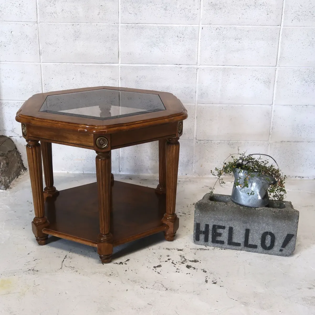 アンティーク ガラストップ サイドテーブル 六角形