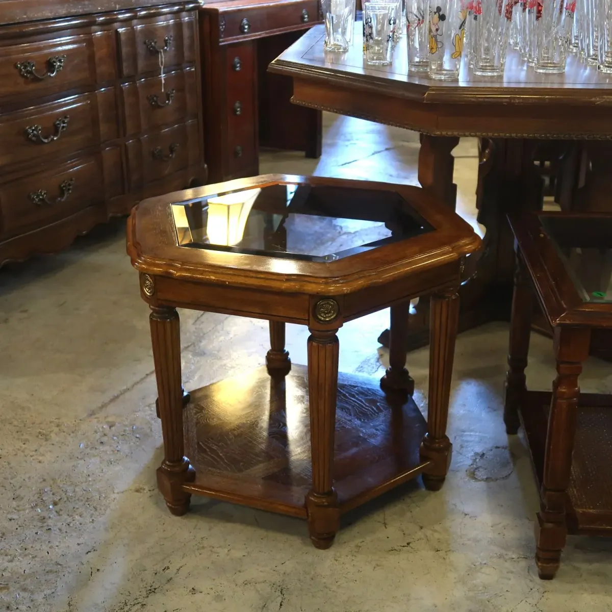 アンティーク ガラストップ サイドテーブル 六角形