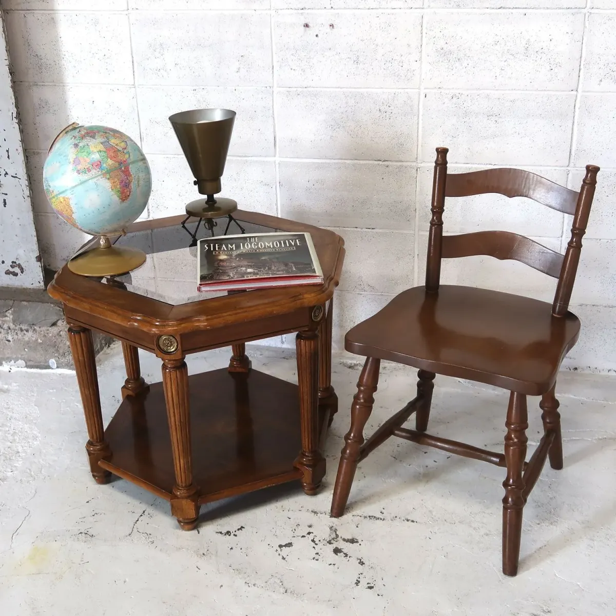 アンティーク ガラストップ サイドテーブル 六角形