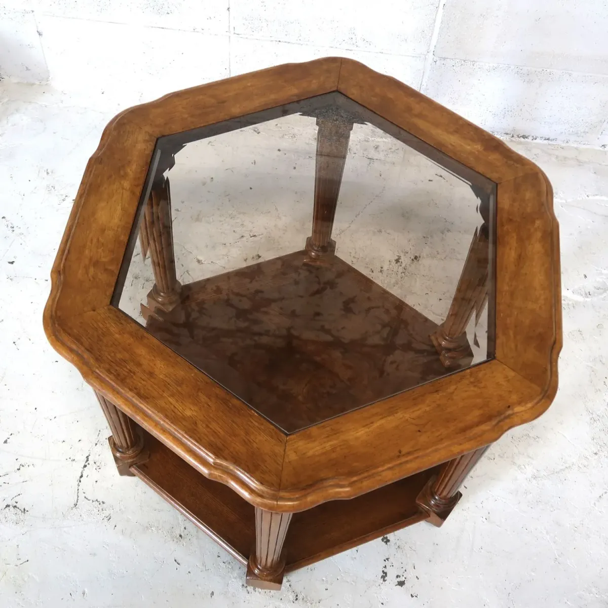 アンティーク ガラストップ サイドテーブル 六角形