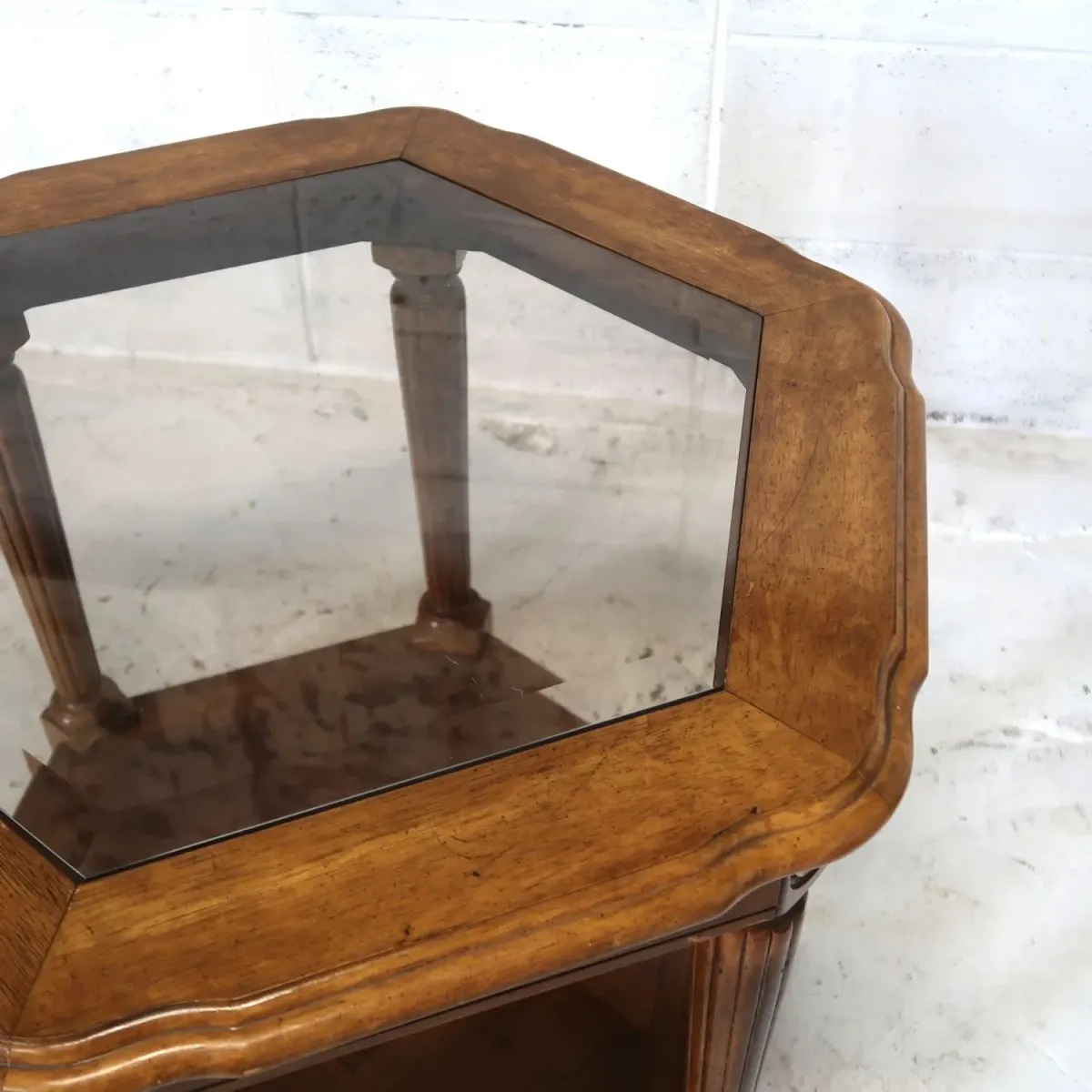 アンティーク ガラストップ サイドテーブル 六角形