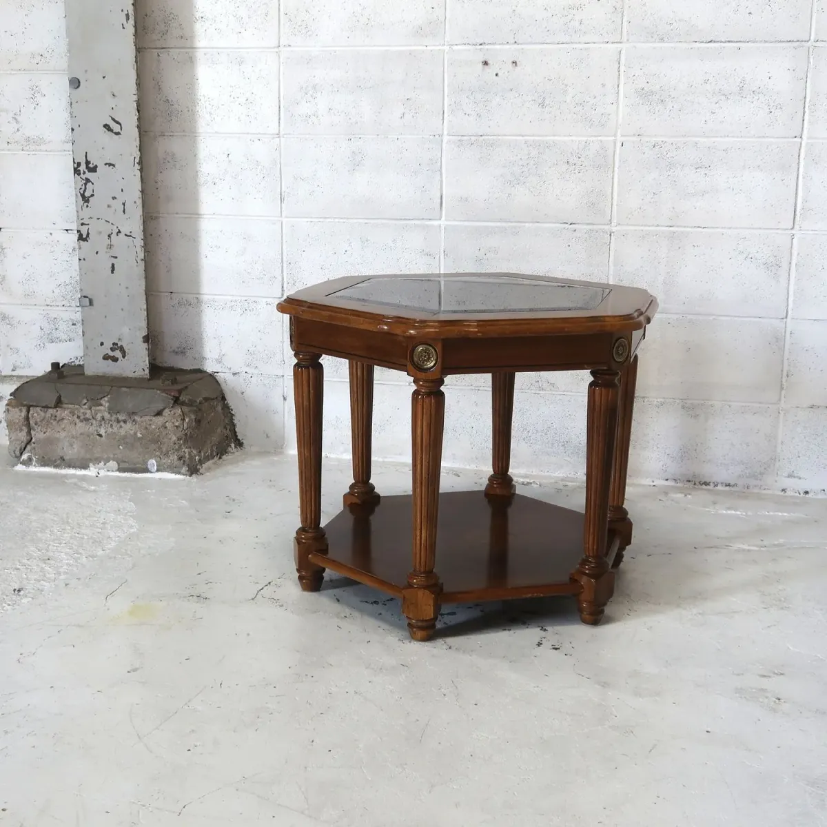 アンティーク ガラストップ サイドテーブル 六角形