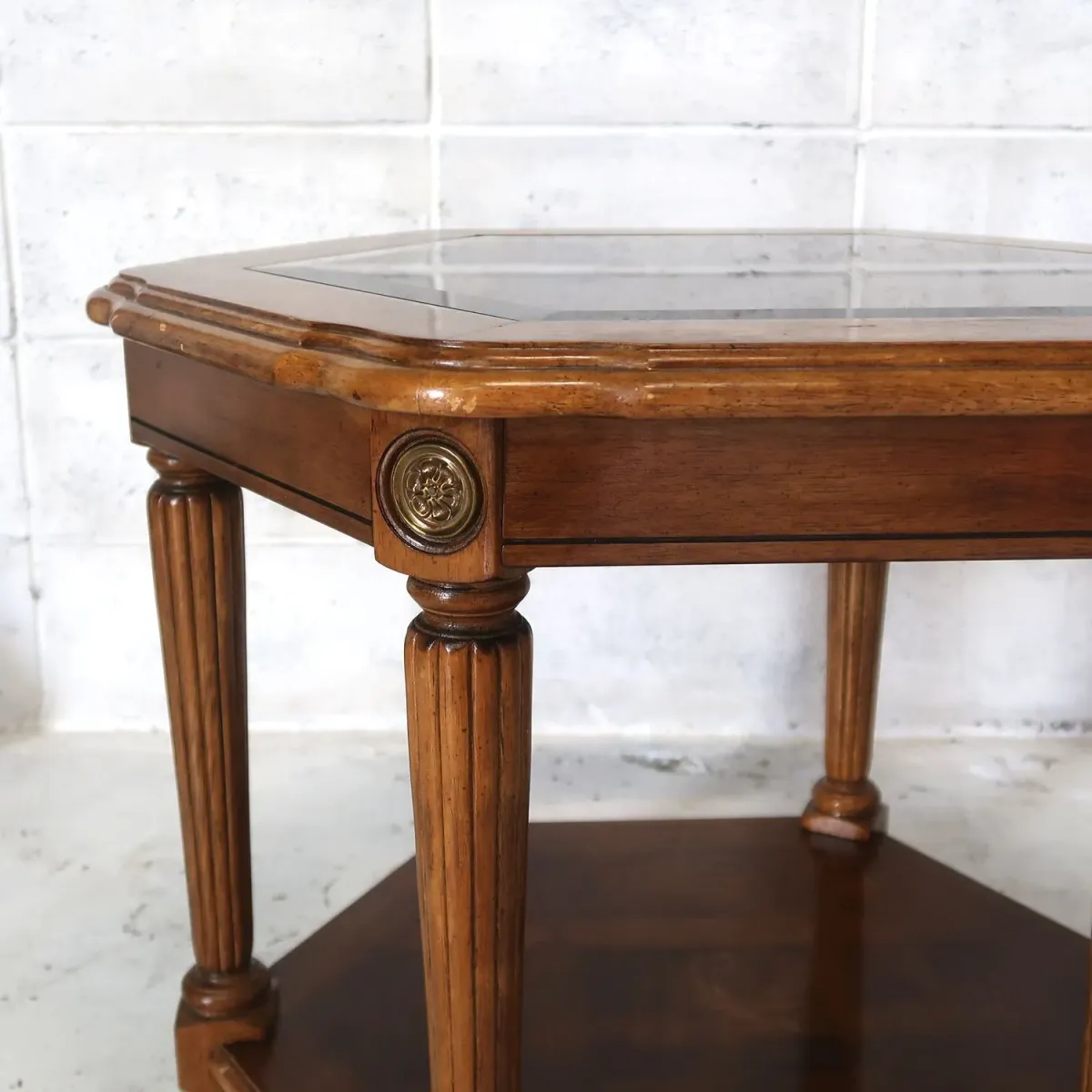 アンティーク ガラストップ サイドテーブル 六角形