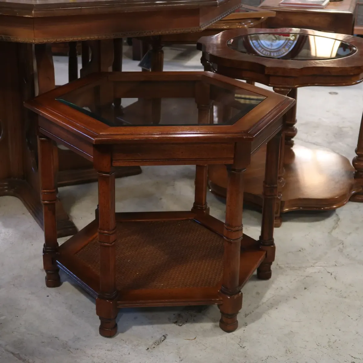 アンティーク ガラストップ サイドテーブル 六角形