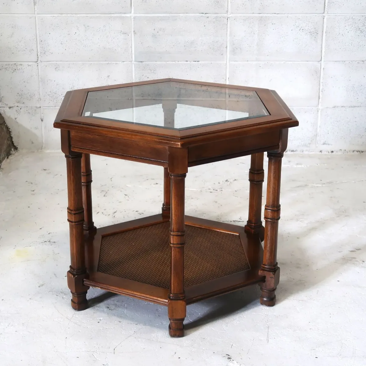 アンティーク ガラストップ サイドテーブル 六角形