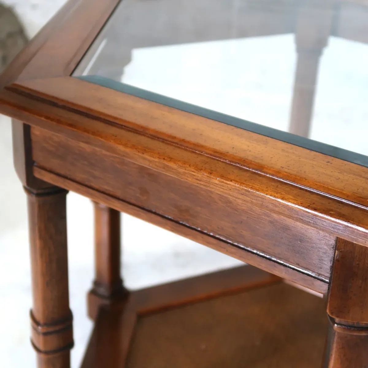 アンティーク ガラストップ サイドテーブル 六角形