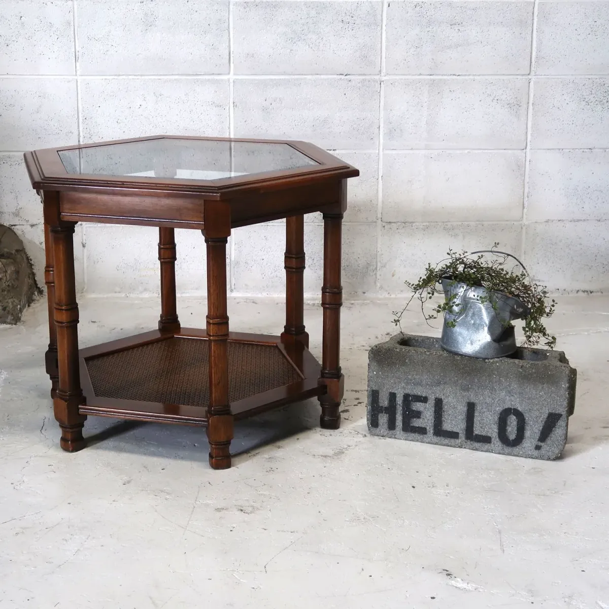 アンティーク ガラストップ サイドテーブル 六角形