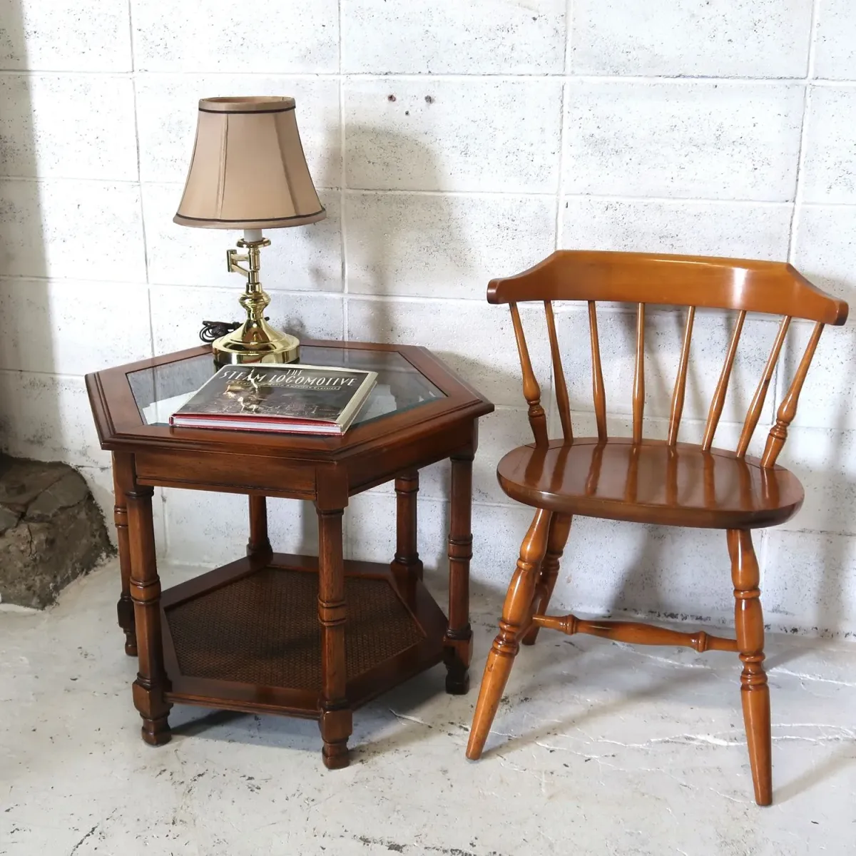 アンティーク ガラストップ サイドテーブル 六角形