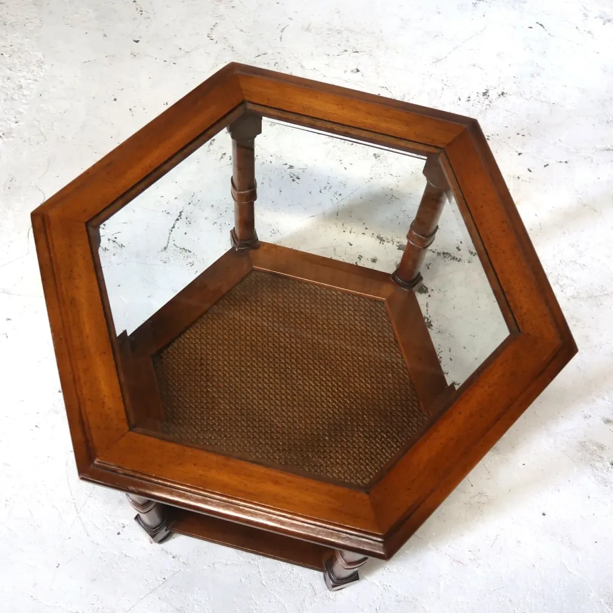 アンティーク ガラストップ サイドテーブル 六角形