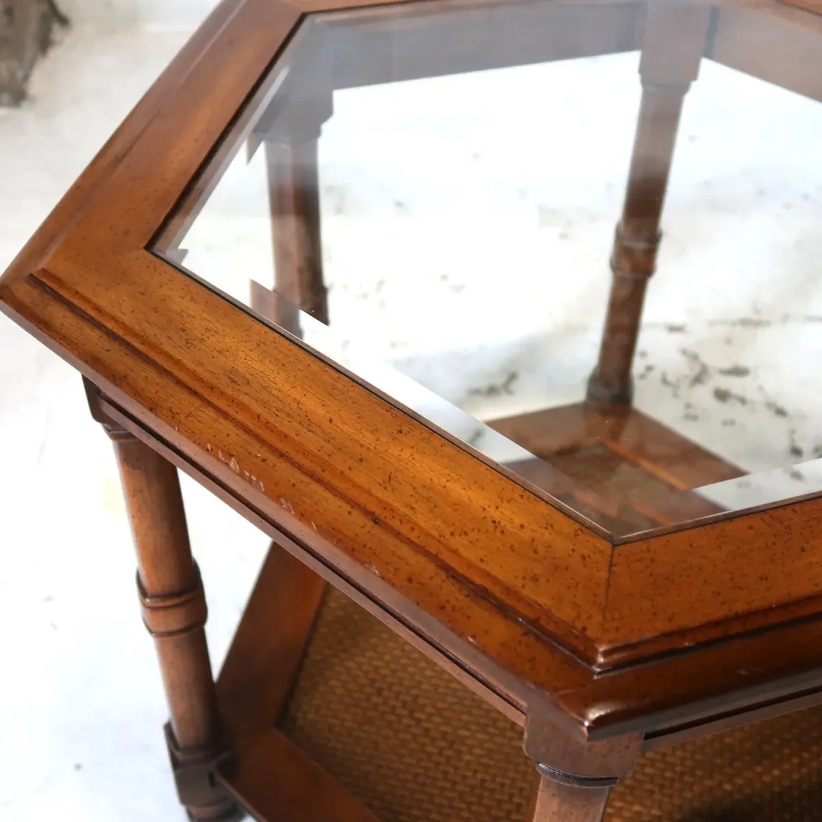 アンティーク ガラストップ サイドテーブル 六角形