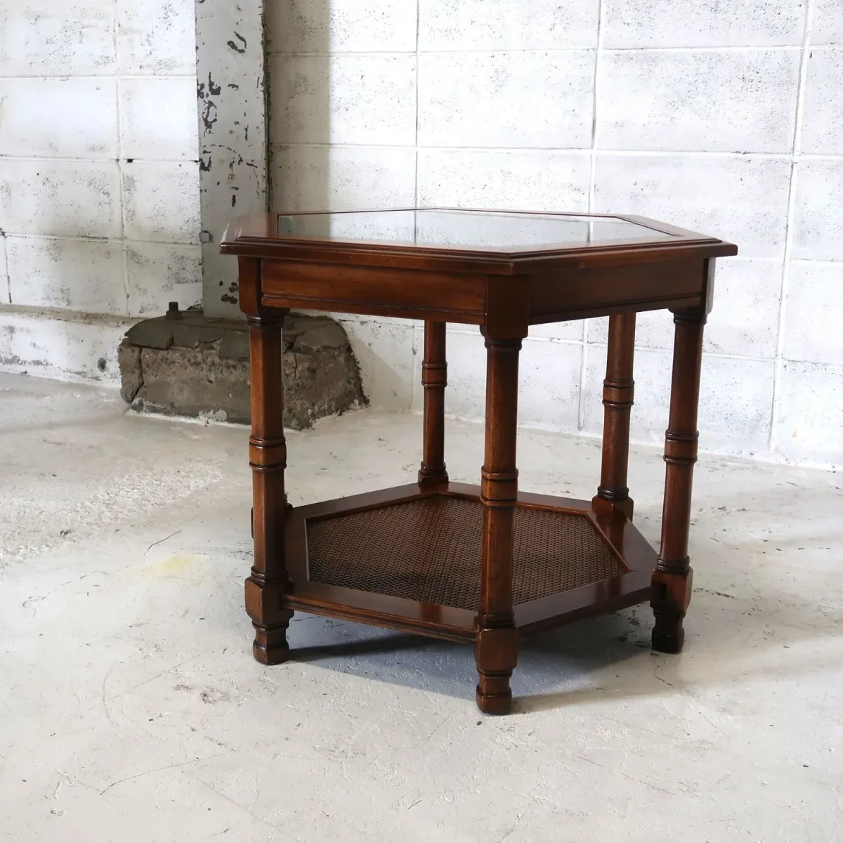 アンティーク ガラストップ サイドテーブル 六角形