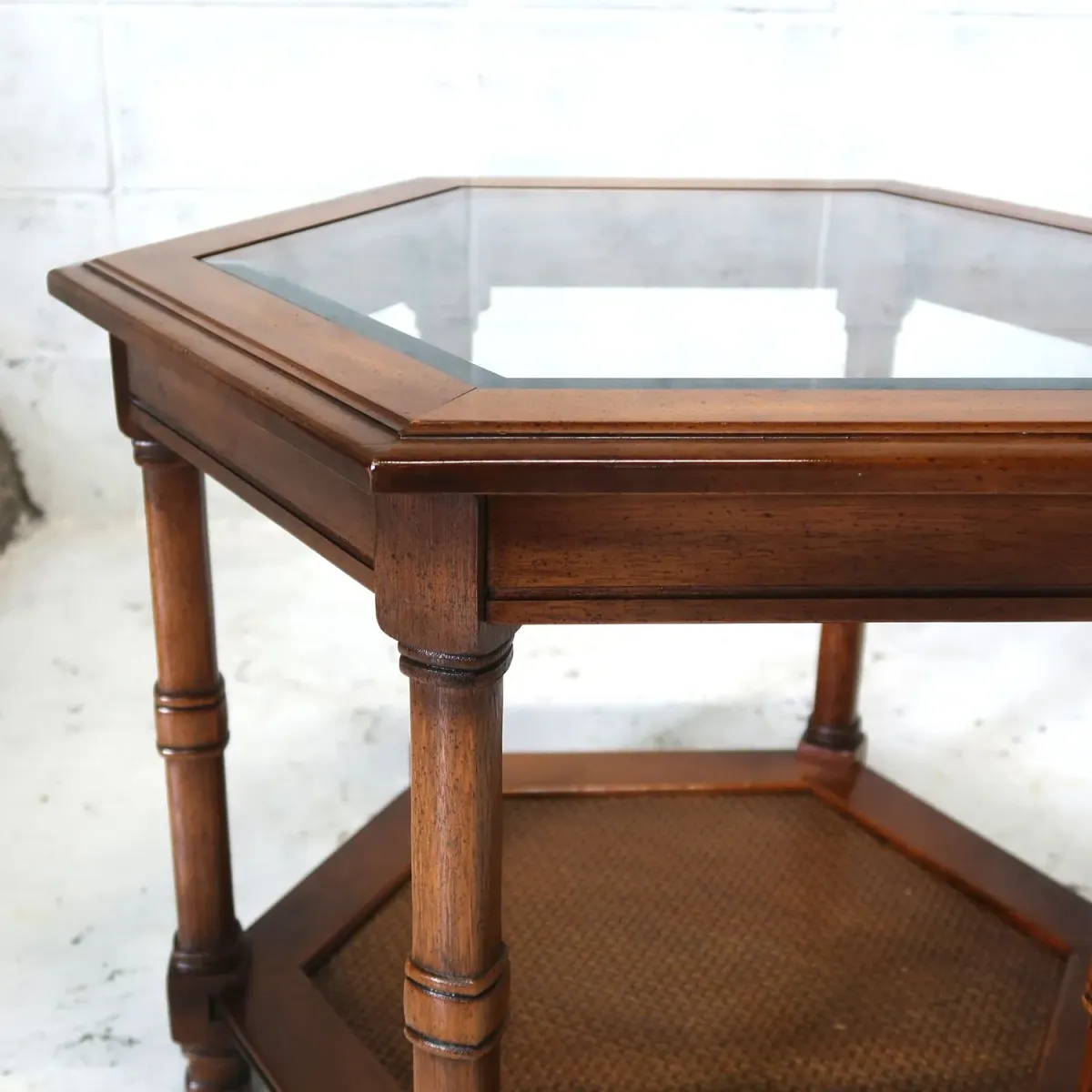 アンティーク ガラストップ サイドテーブル 六角形