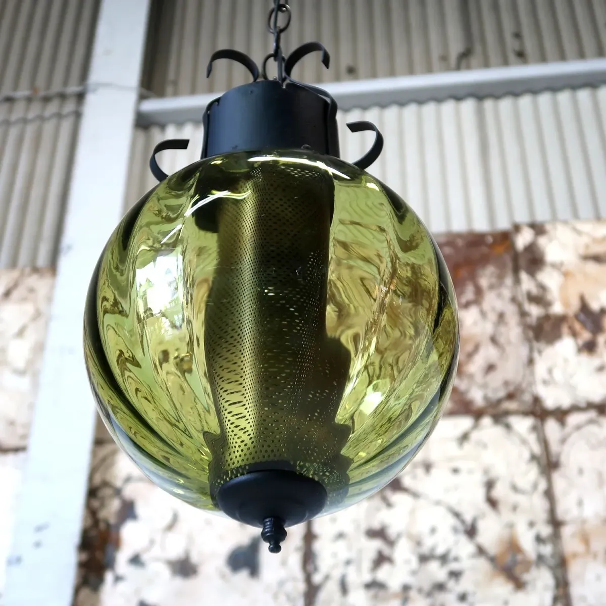アンティーク グリーンガラス ペンダントランプ