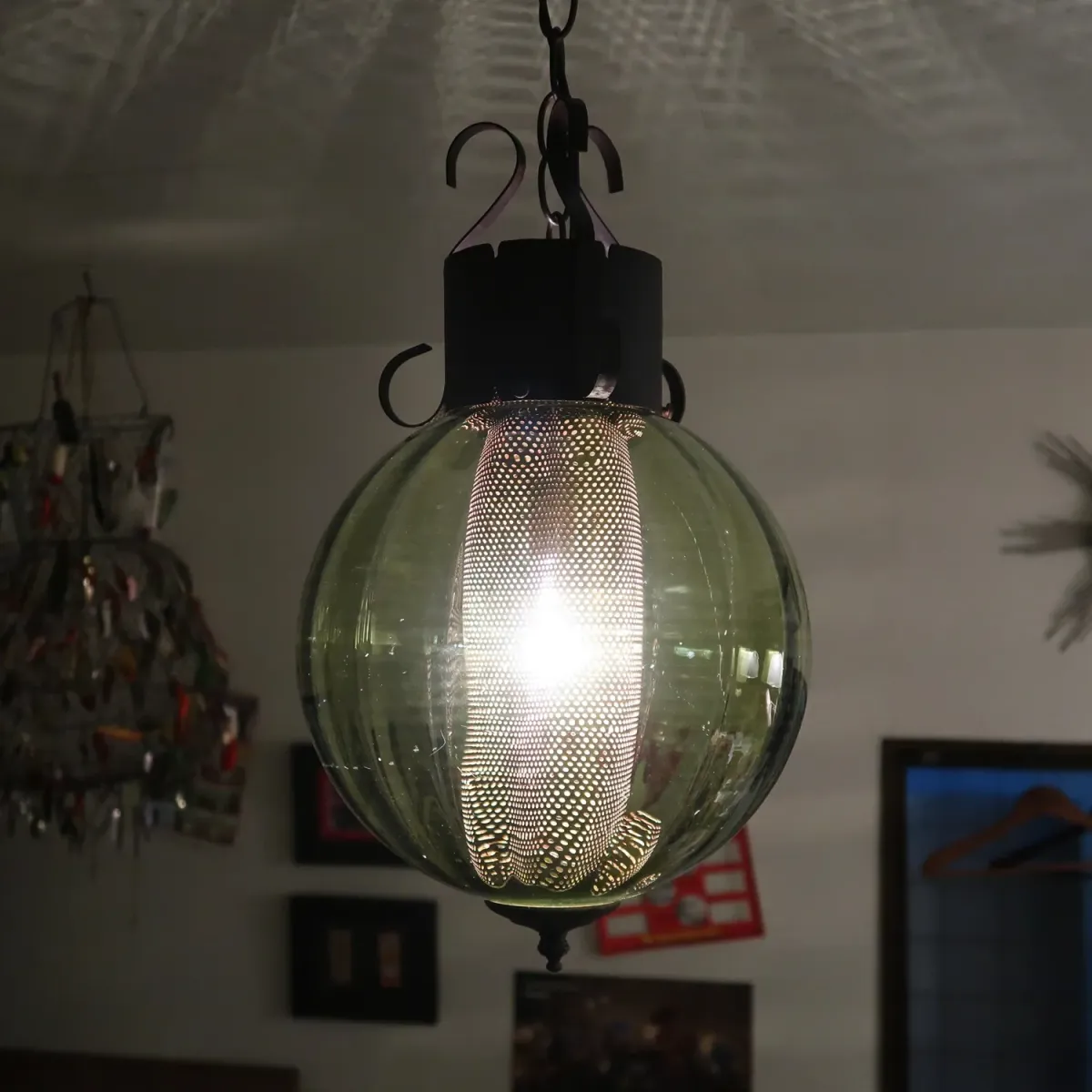 アンティーク グリーンガラス ペンダントランプ