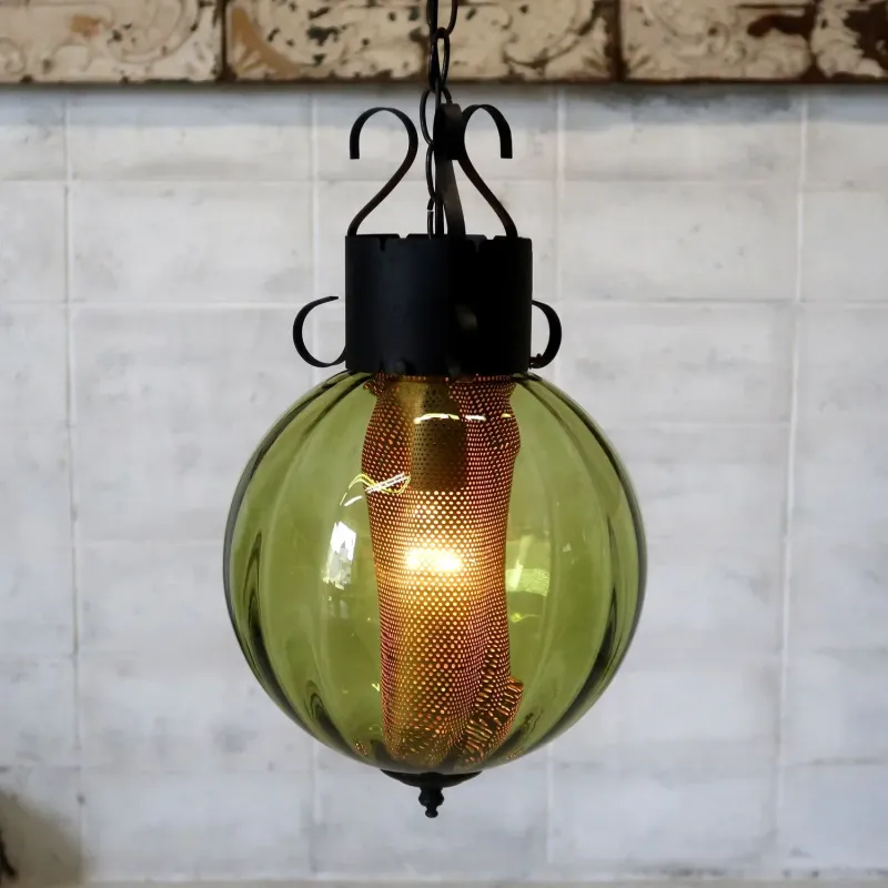 アンティーク グリーンガラス ペンダントランプ