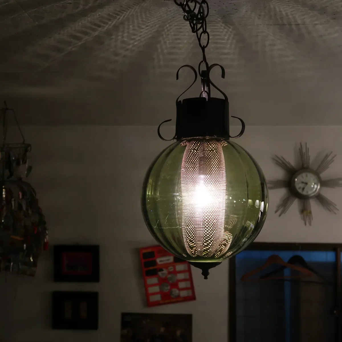 アンティーク グリーンガラス ペンダントランプ