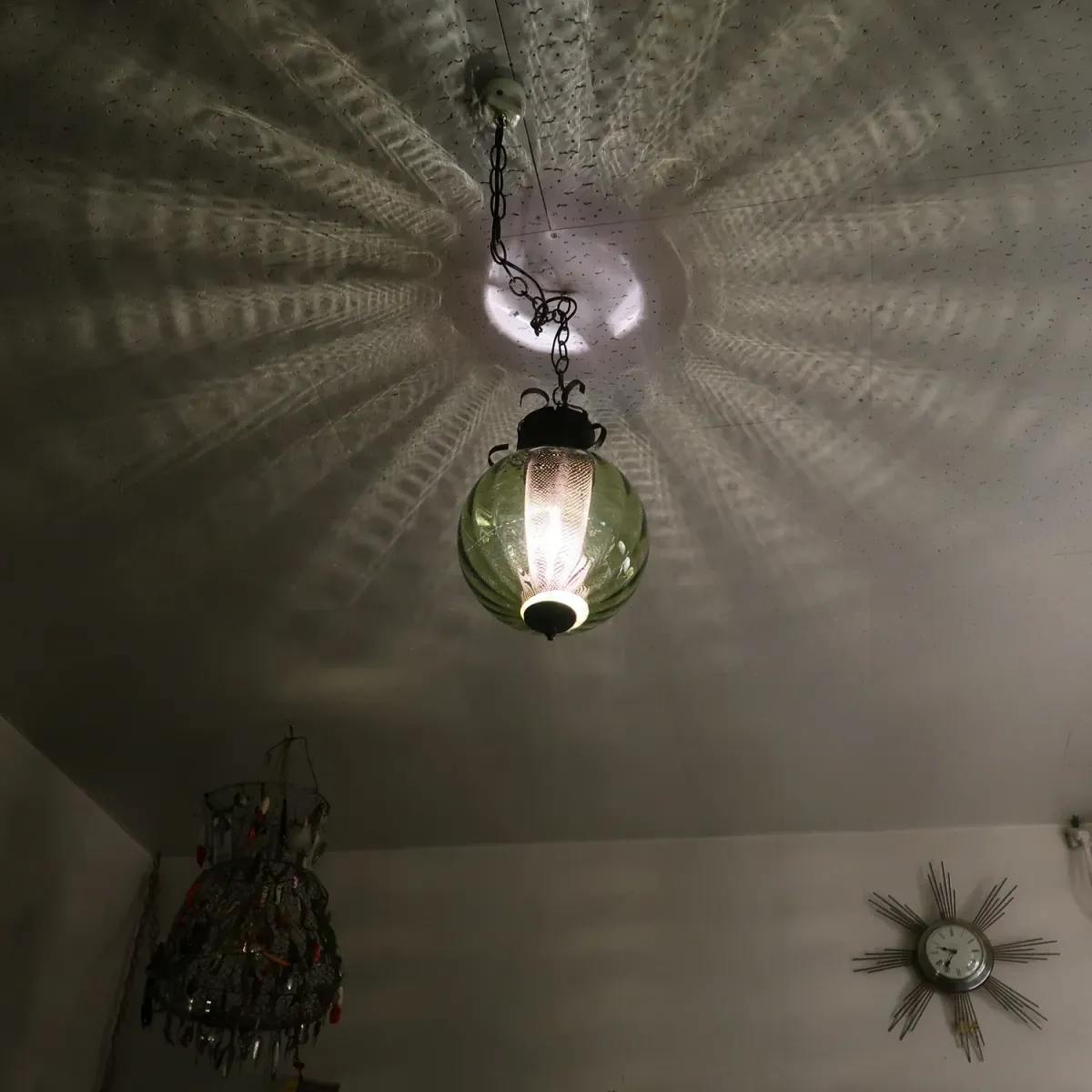 アンティーク グリーンガラス ペンダントランプ