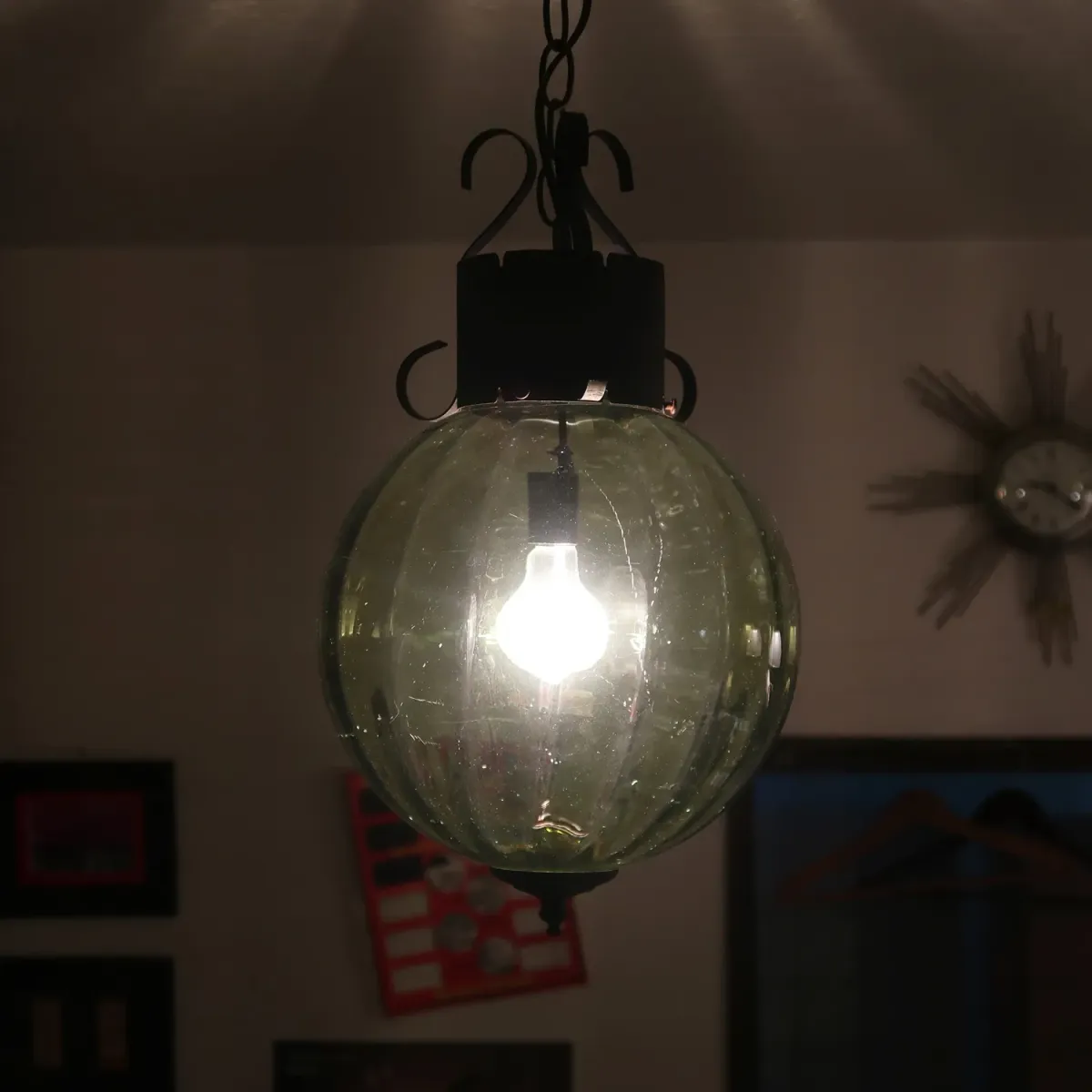 アンティーク グリーンガラス ペンダントランプ