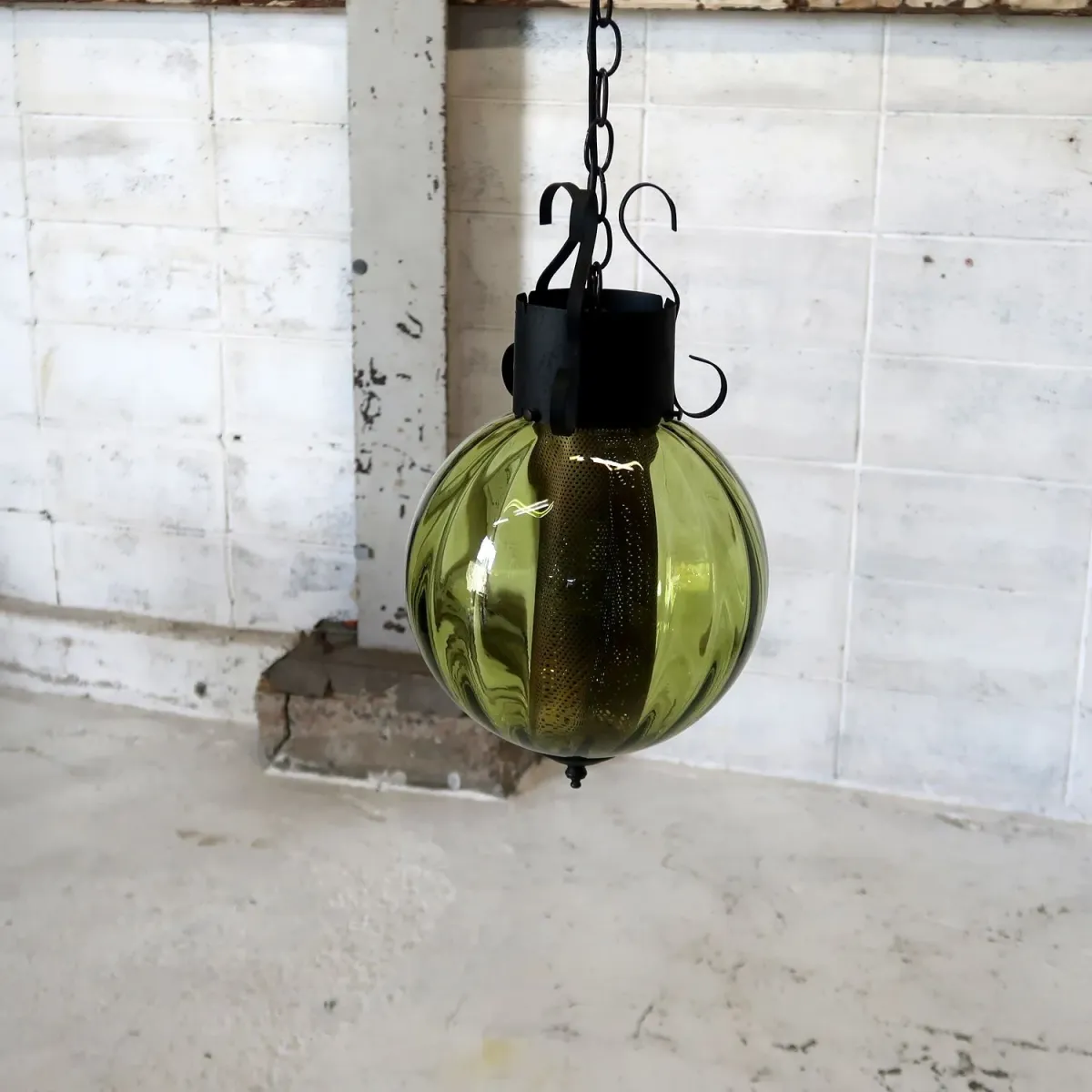アンティーク グリーンガラス ペンダントランプ