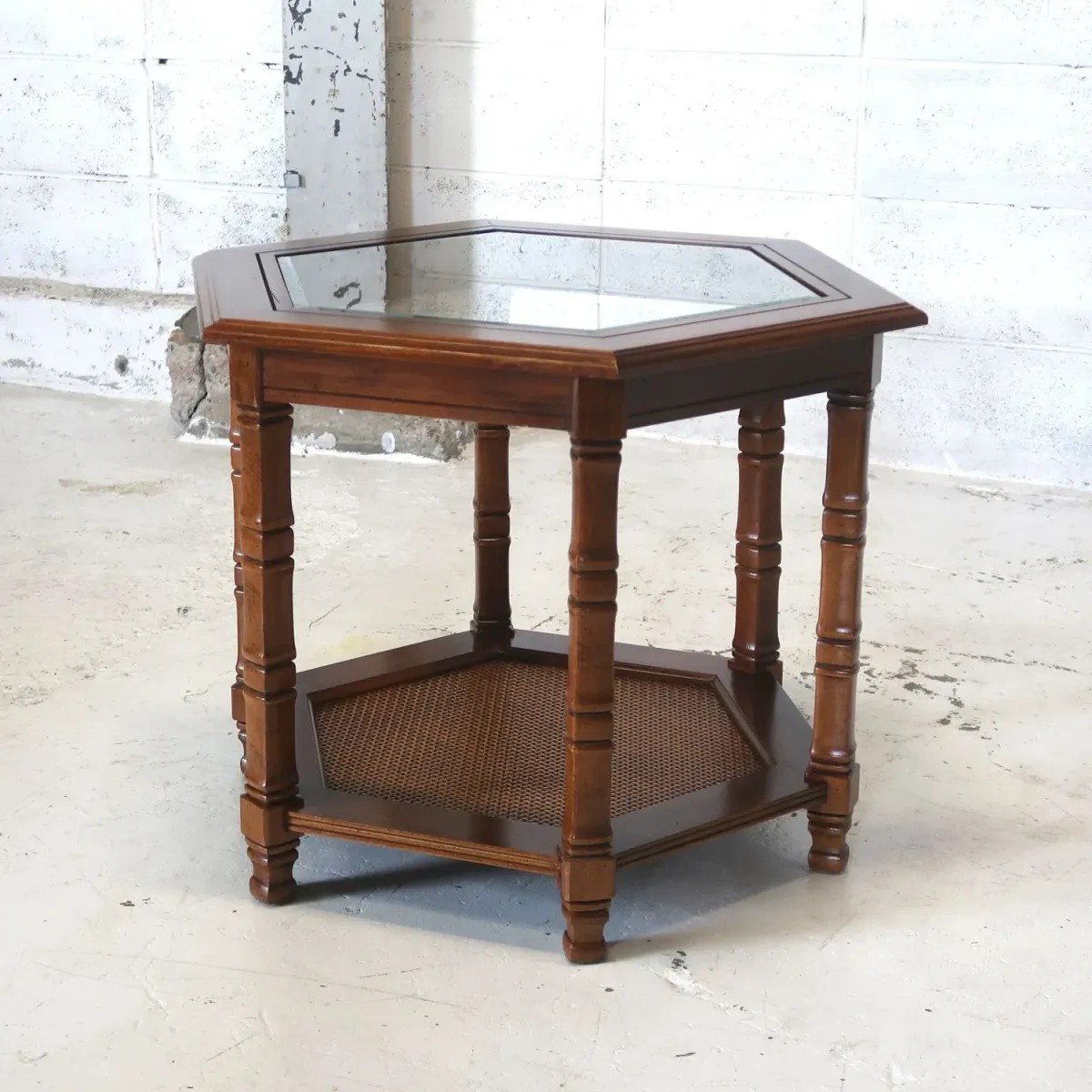 アンティーク ガラストップ サイドテーブル 六角形