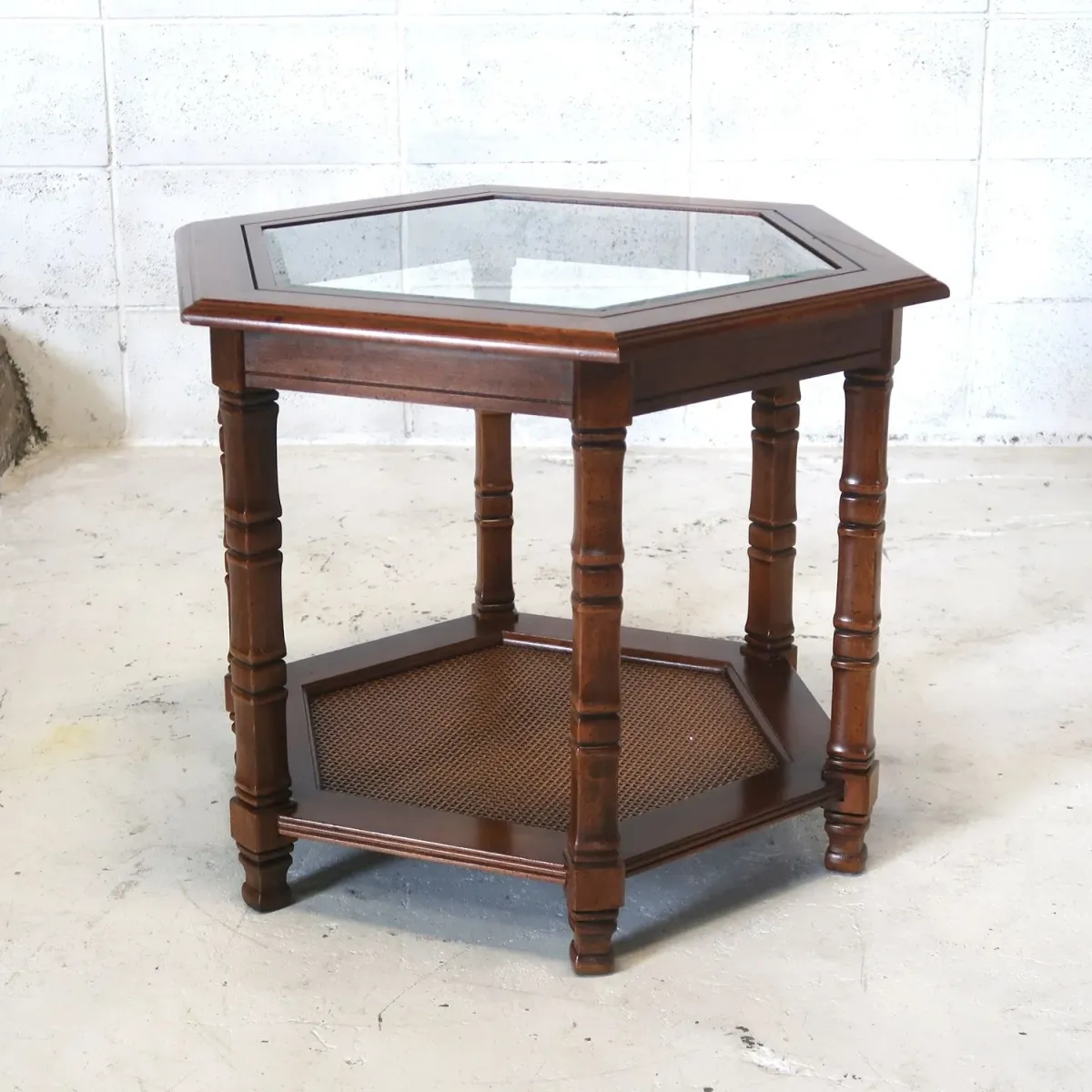 アンティーク ガラストップ サイドテーブル 六角形