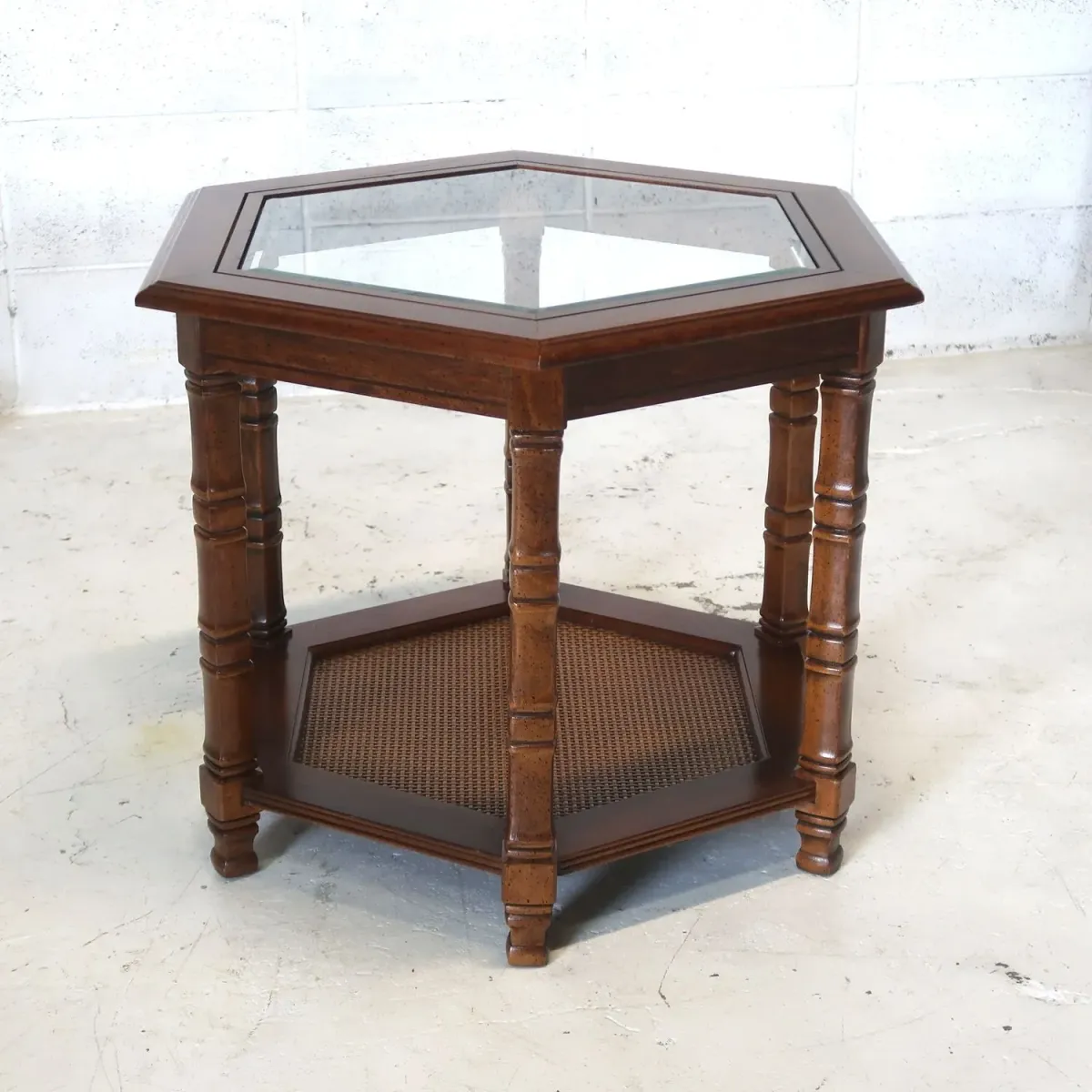 アンティーク ガラストップ サイドテーブル 六角形