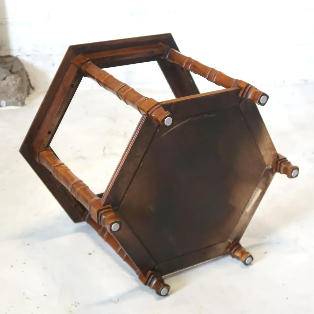 アンティーク ガラストップ サイドテーブル 六角形