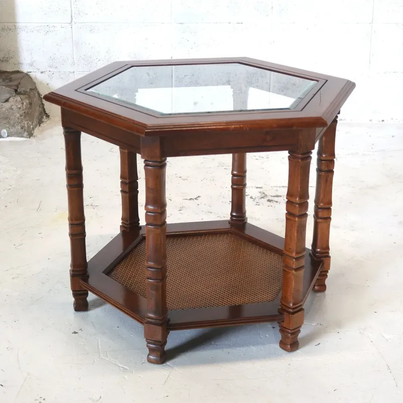 アンティーク ガラストップ サイドテーブル 六角形