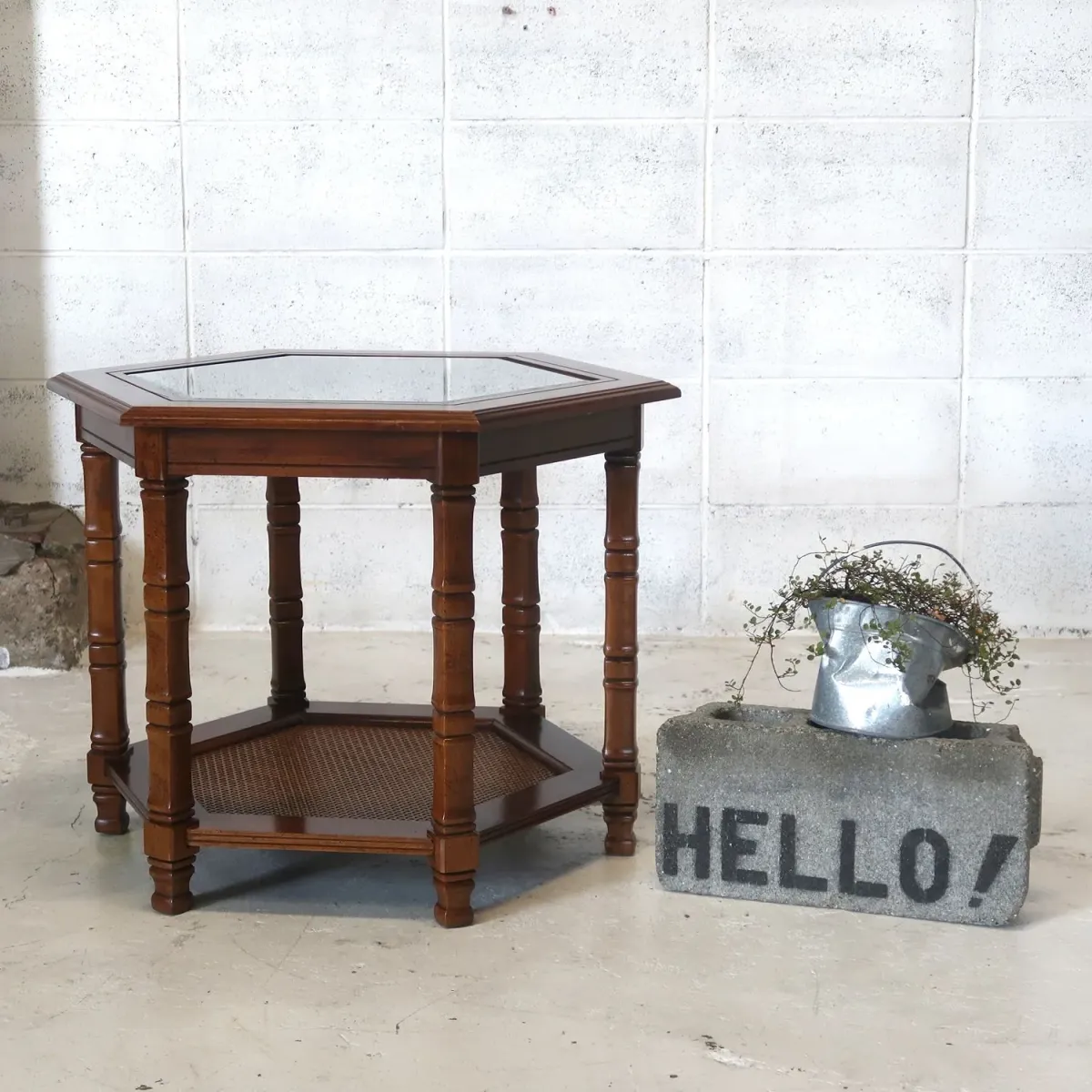 アンティーク ガラストップ サイドテーブル 六角形