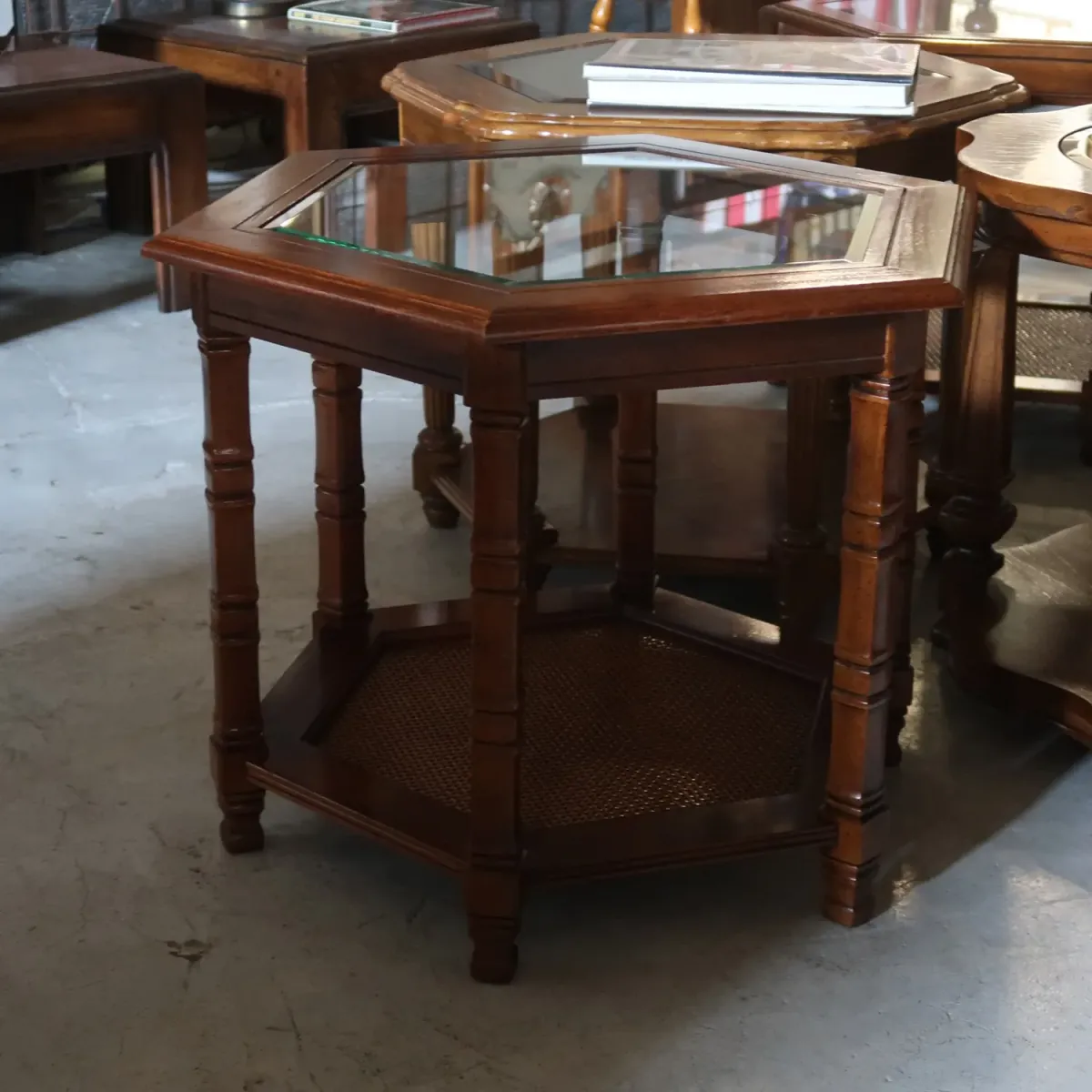 アンティーク ガラストップ サイドテーブル 六角形