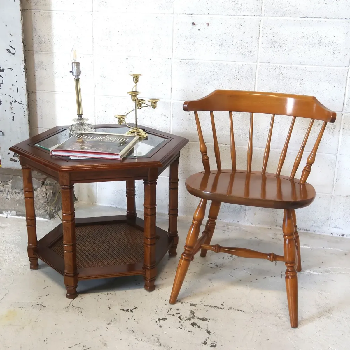 アンティーク ガラストップ サイドテーブル 六角形