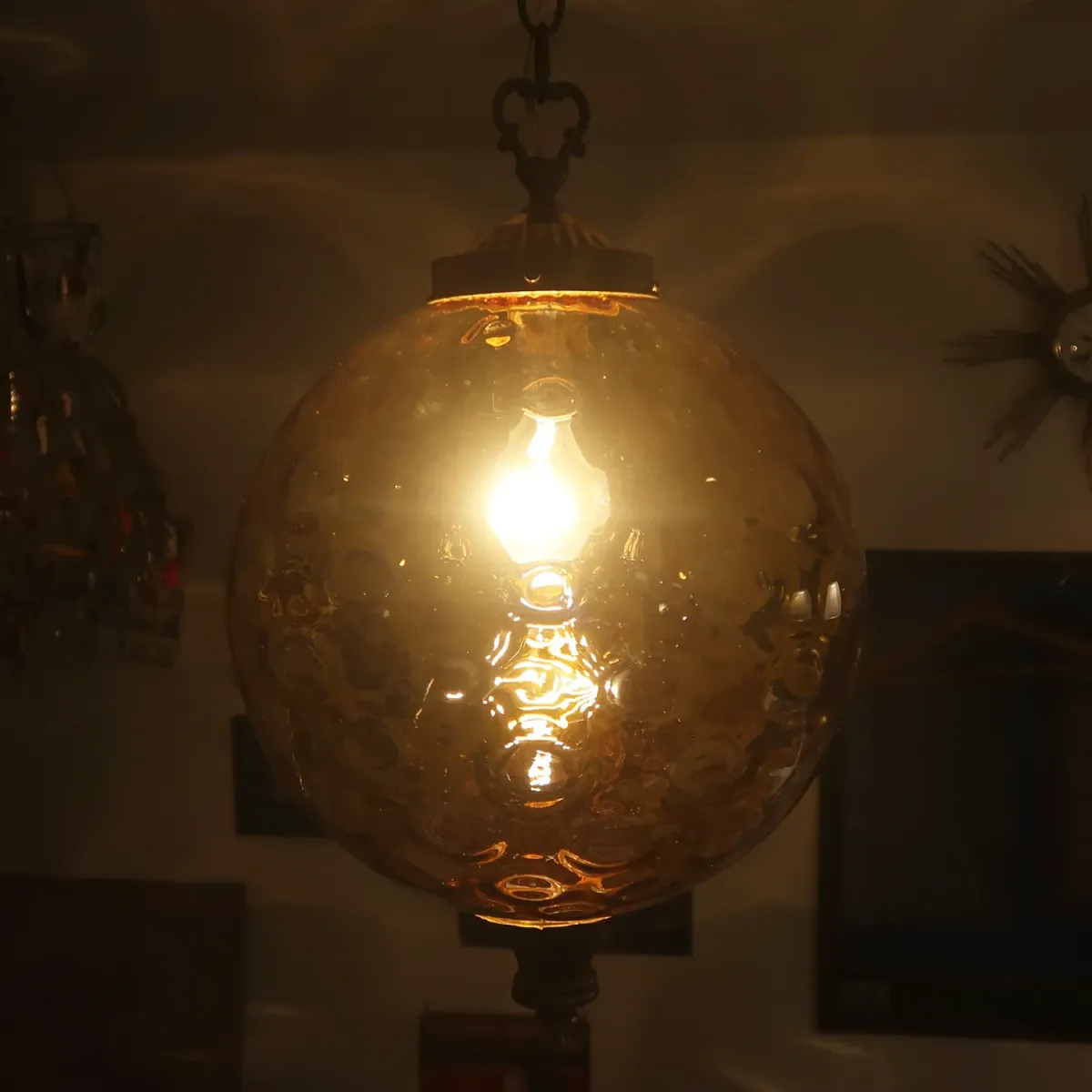アンティーク アンバーガラス ペンダントランプ