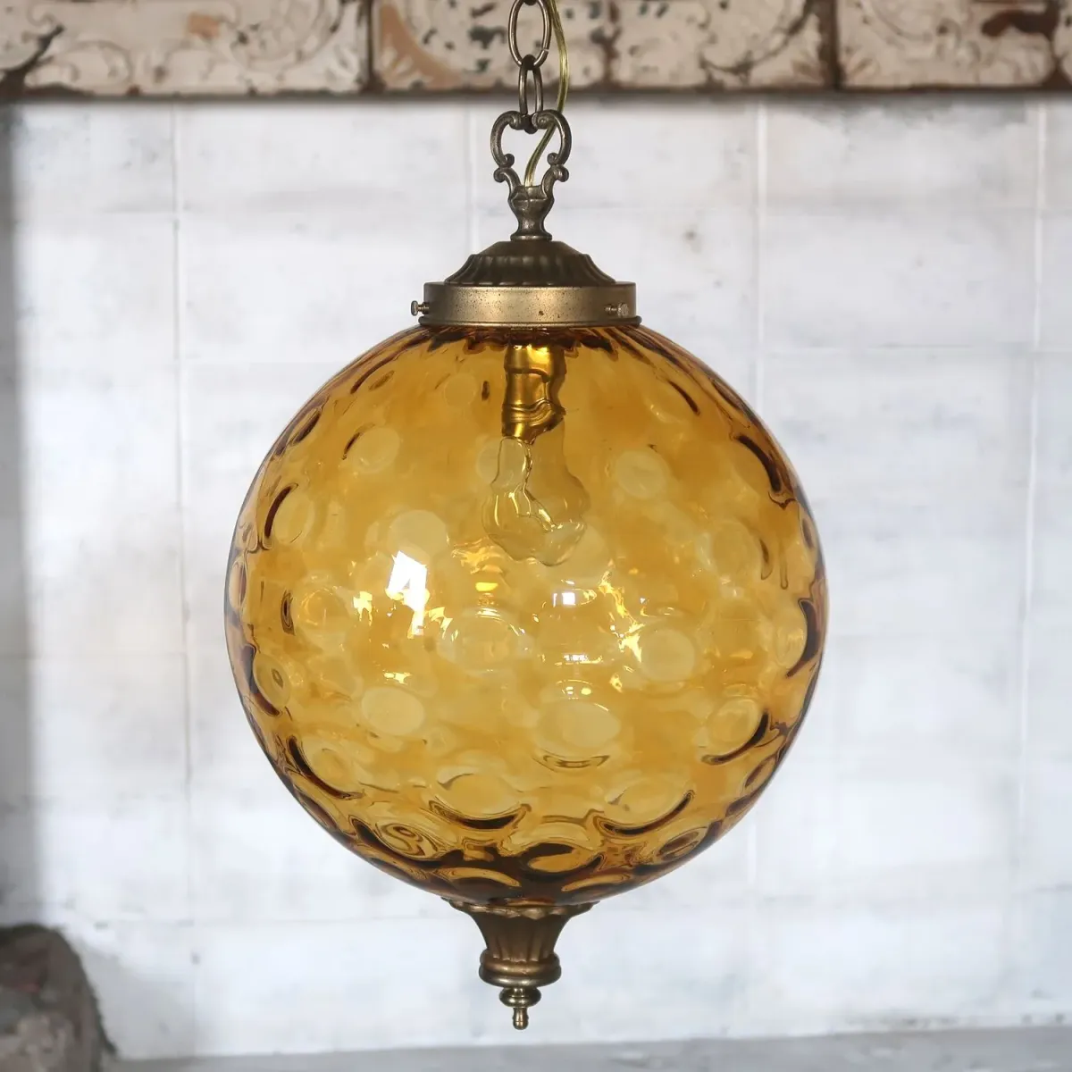 アンティーク アンバーガラス ペンダントランプ