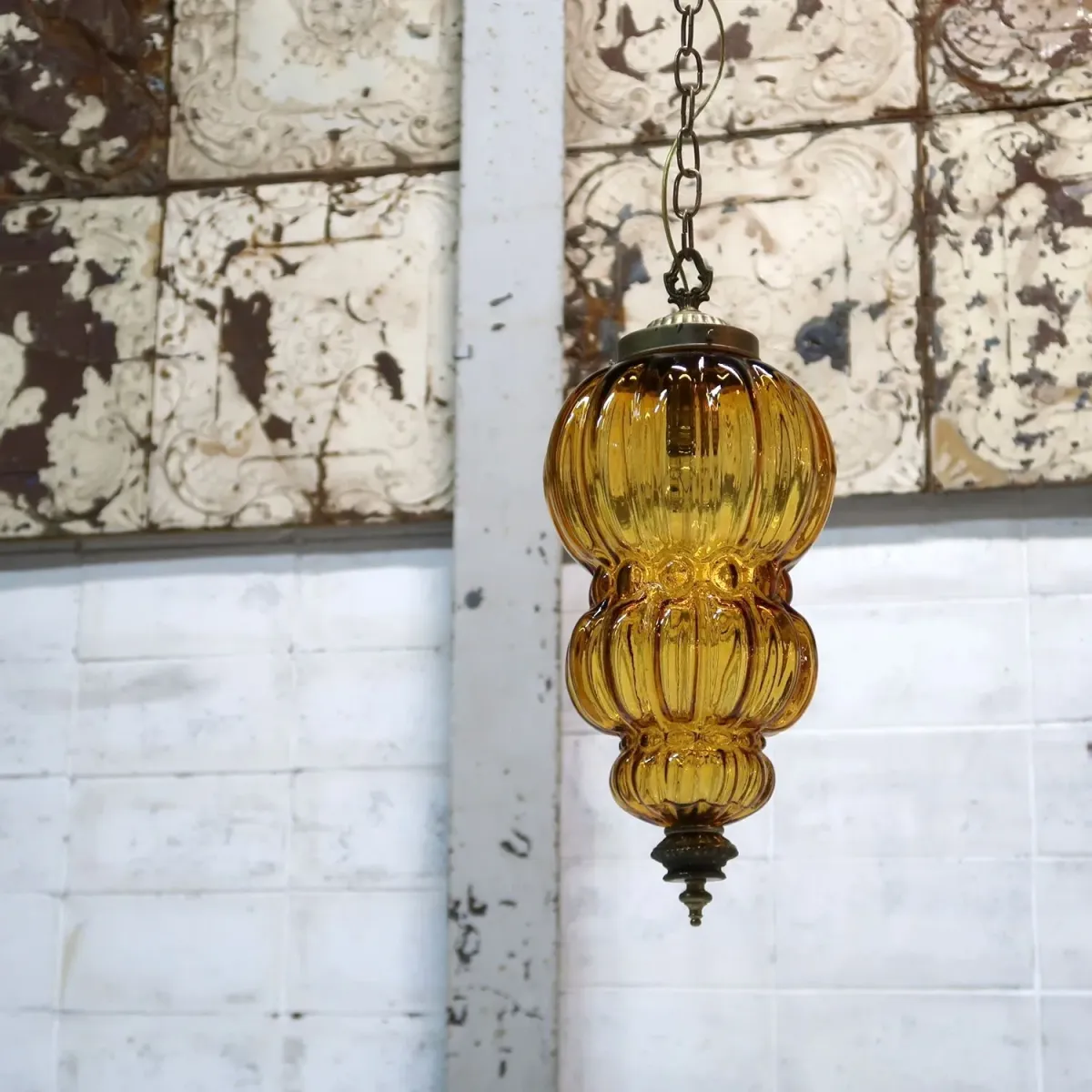 アンティーク アンバーガラス ペンダントランプ