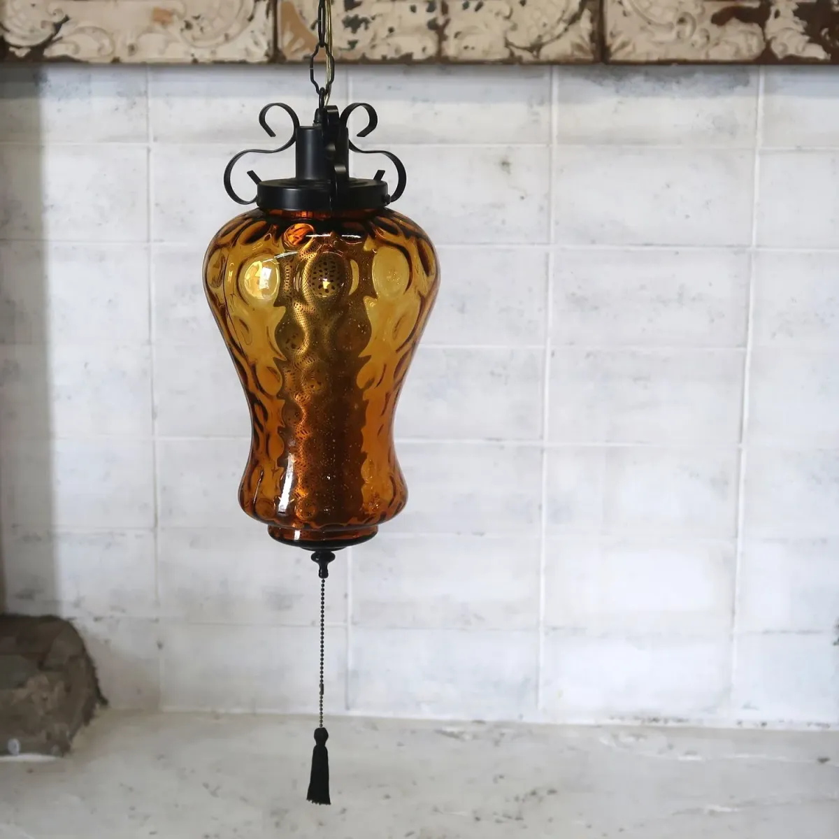 アンティーク アンバーガラス ペンダントランプ