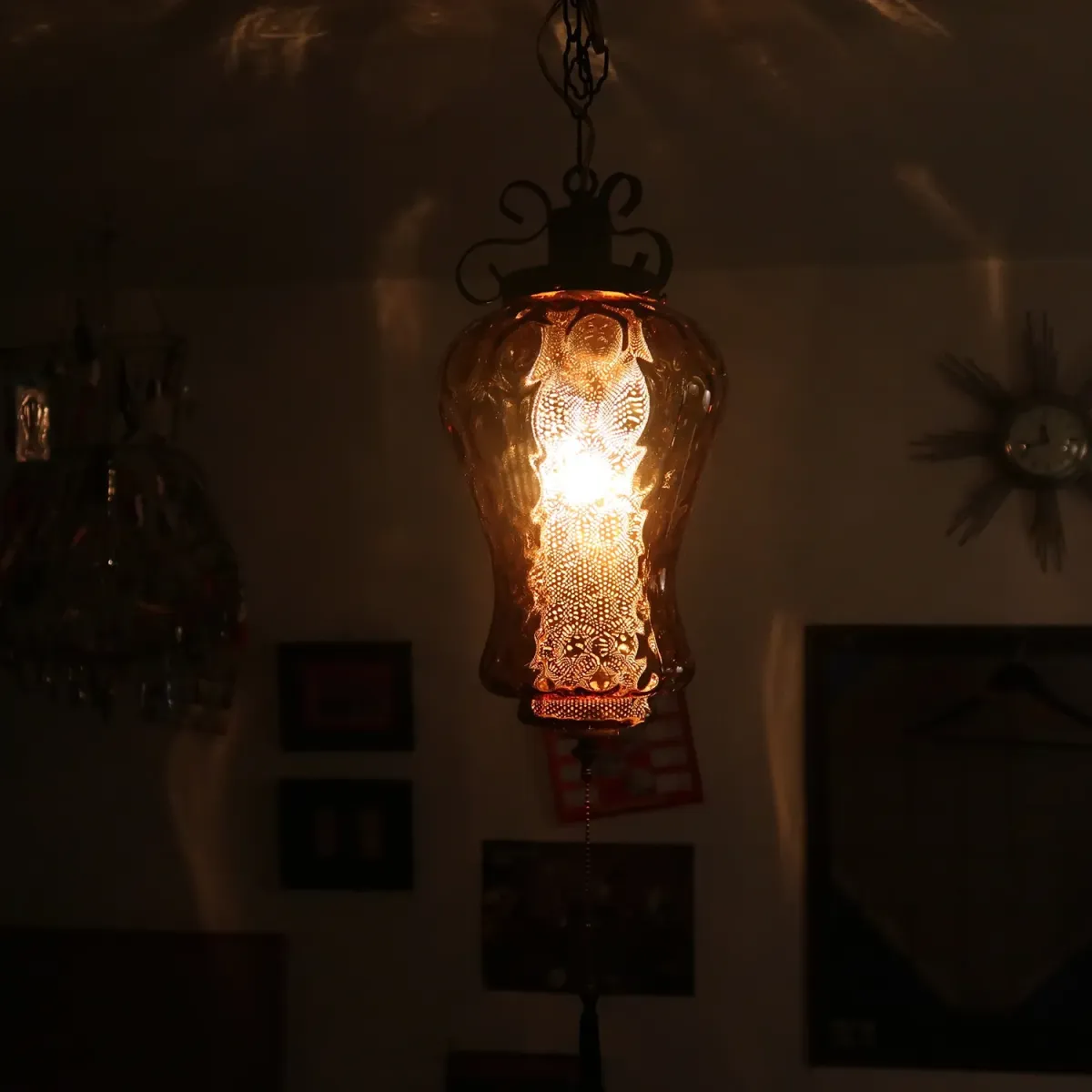 アンティーク アンバーガラス ペンダントランプ