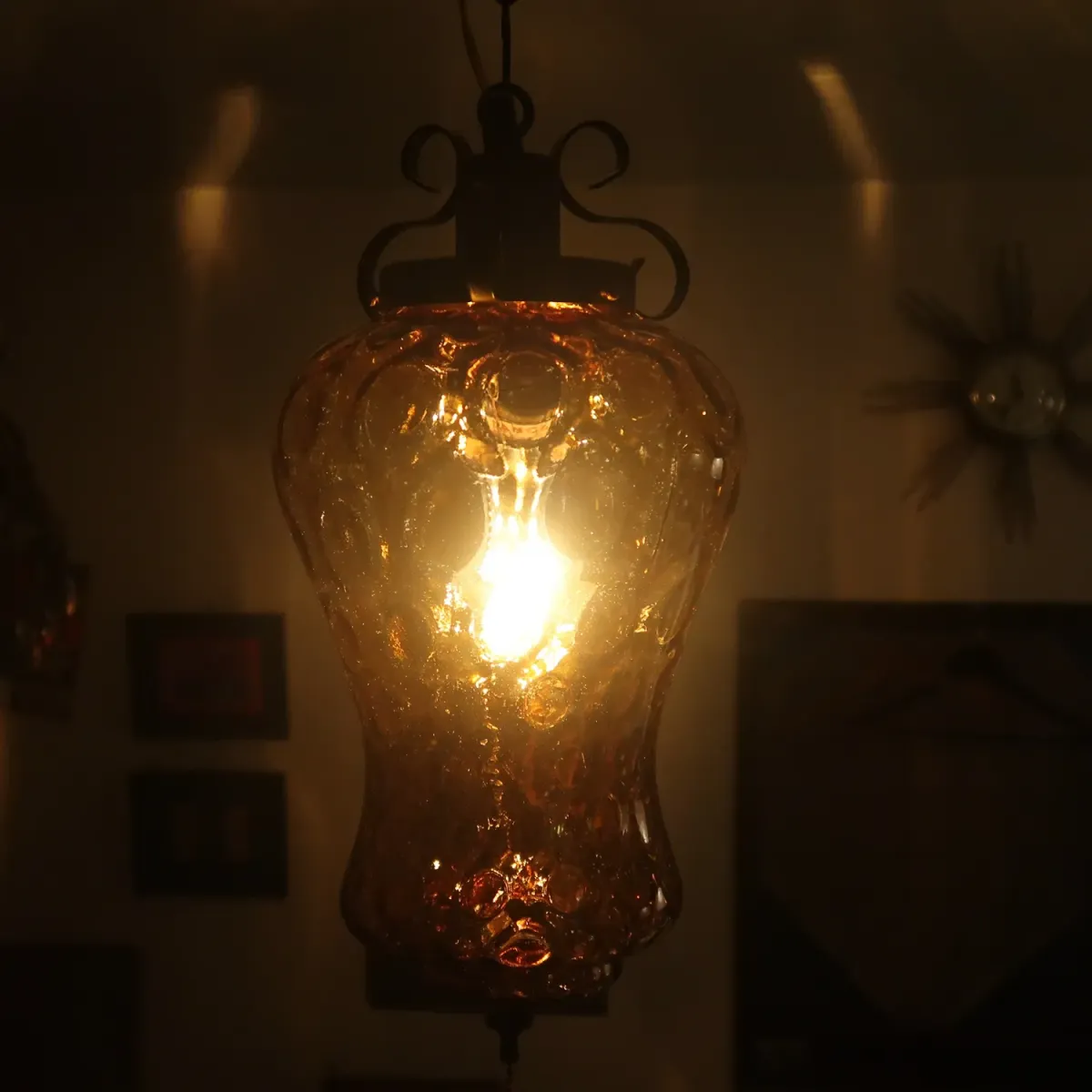 アンティーク アンバーガラス ペンダントランプ