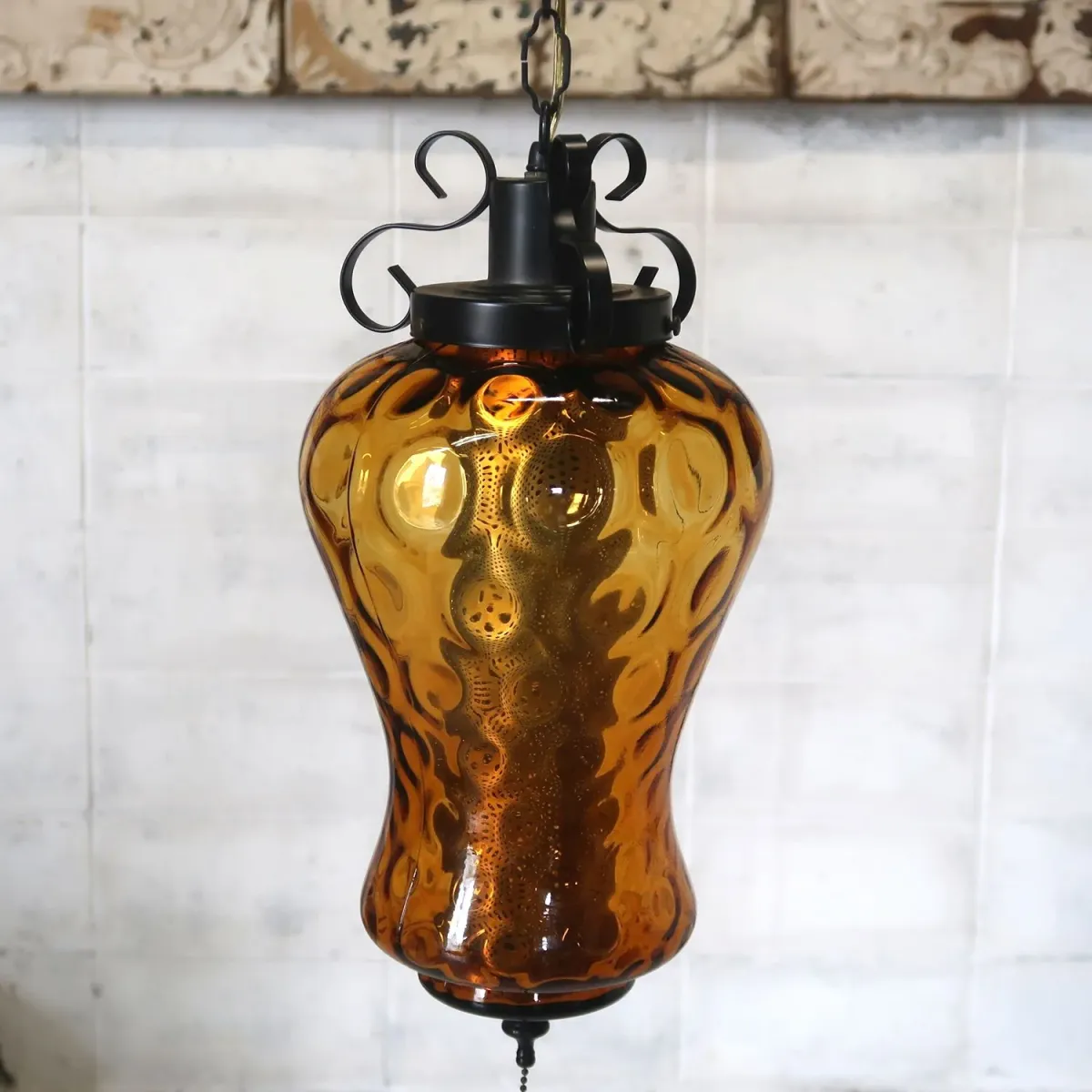 アンティーク アンバーガラス ペンダントランプ
